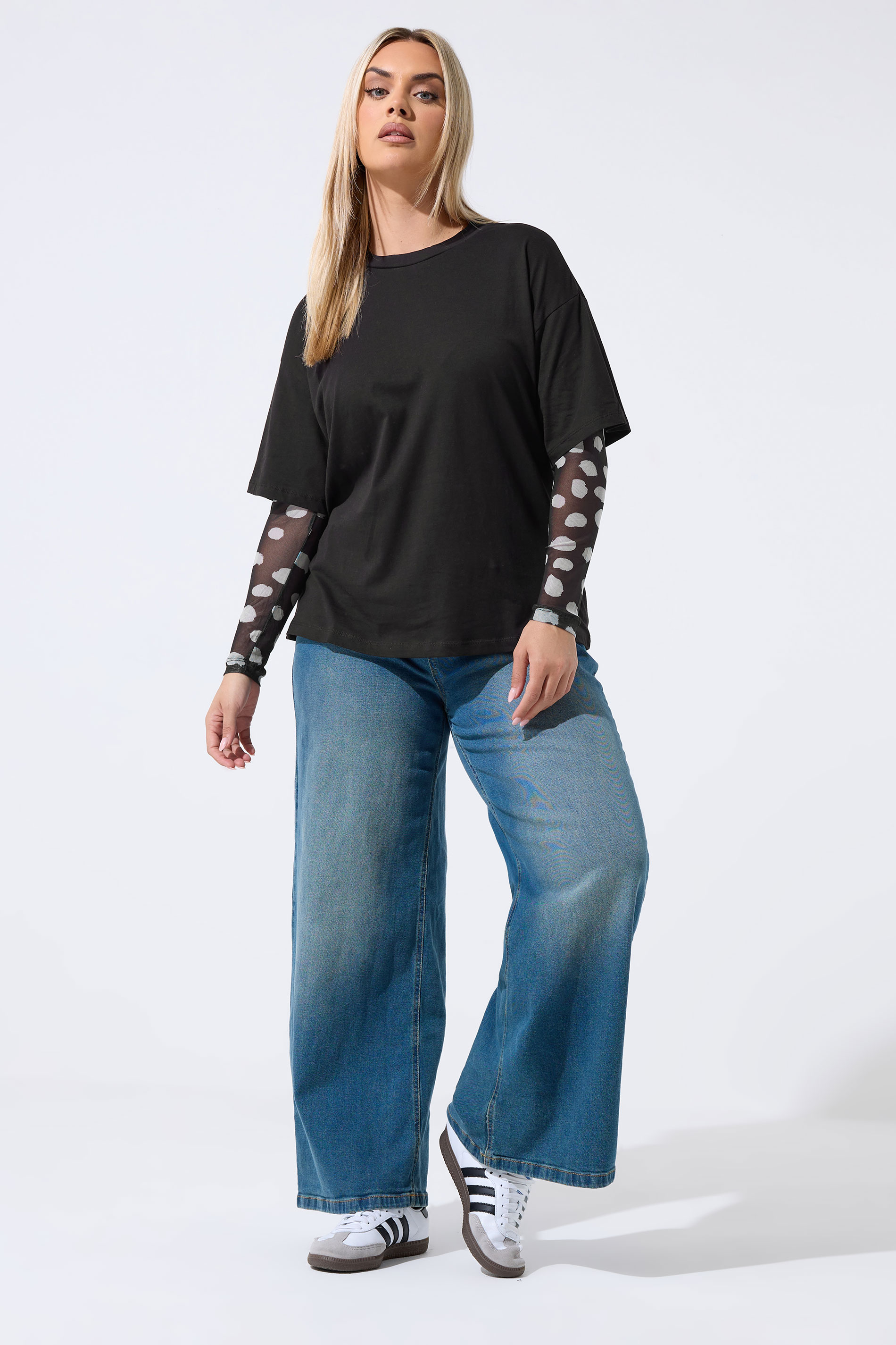 LIMITED COLLECTION Plus Size Black Polka Dot Sleeve T-Shirt | Yours Clothing 1
