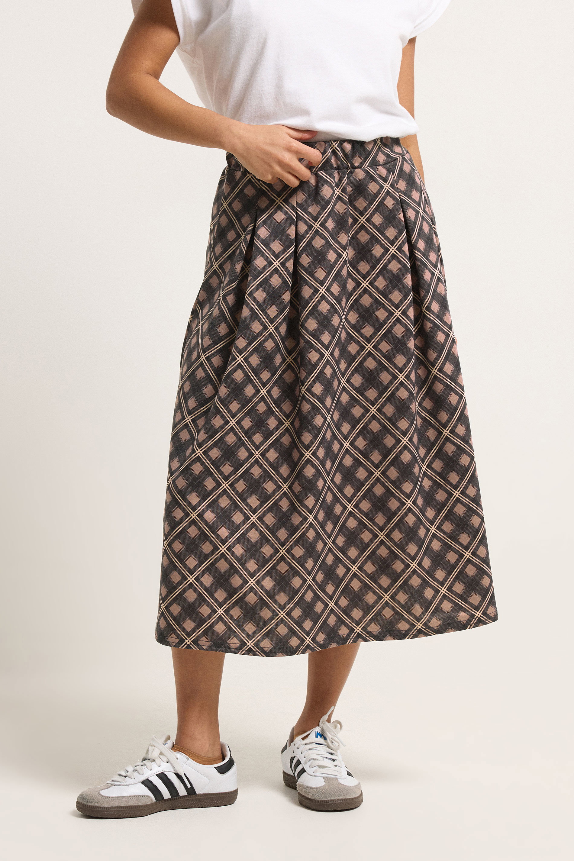 PixieGirl Petite Women's Brown Check Midi Skirt | PixieGirl 1
