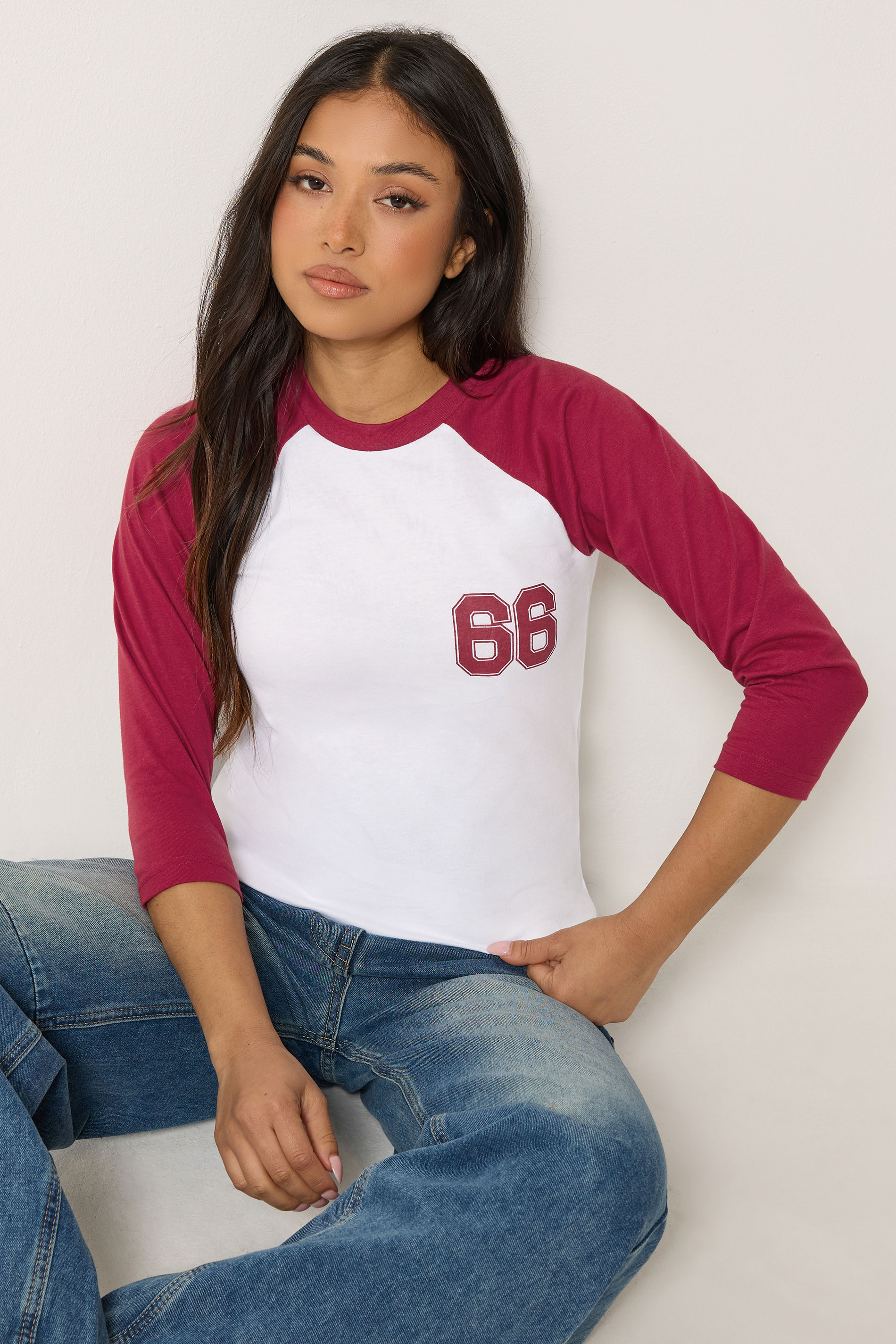 PixieGirl Petite Women's Red '66' Slogan Cotton Raglan T-Shirt | PixieGirl 3