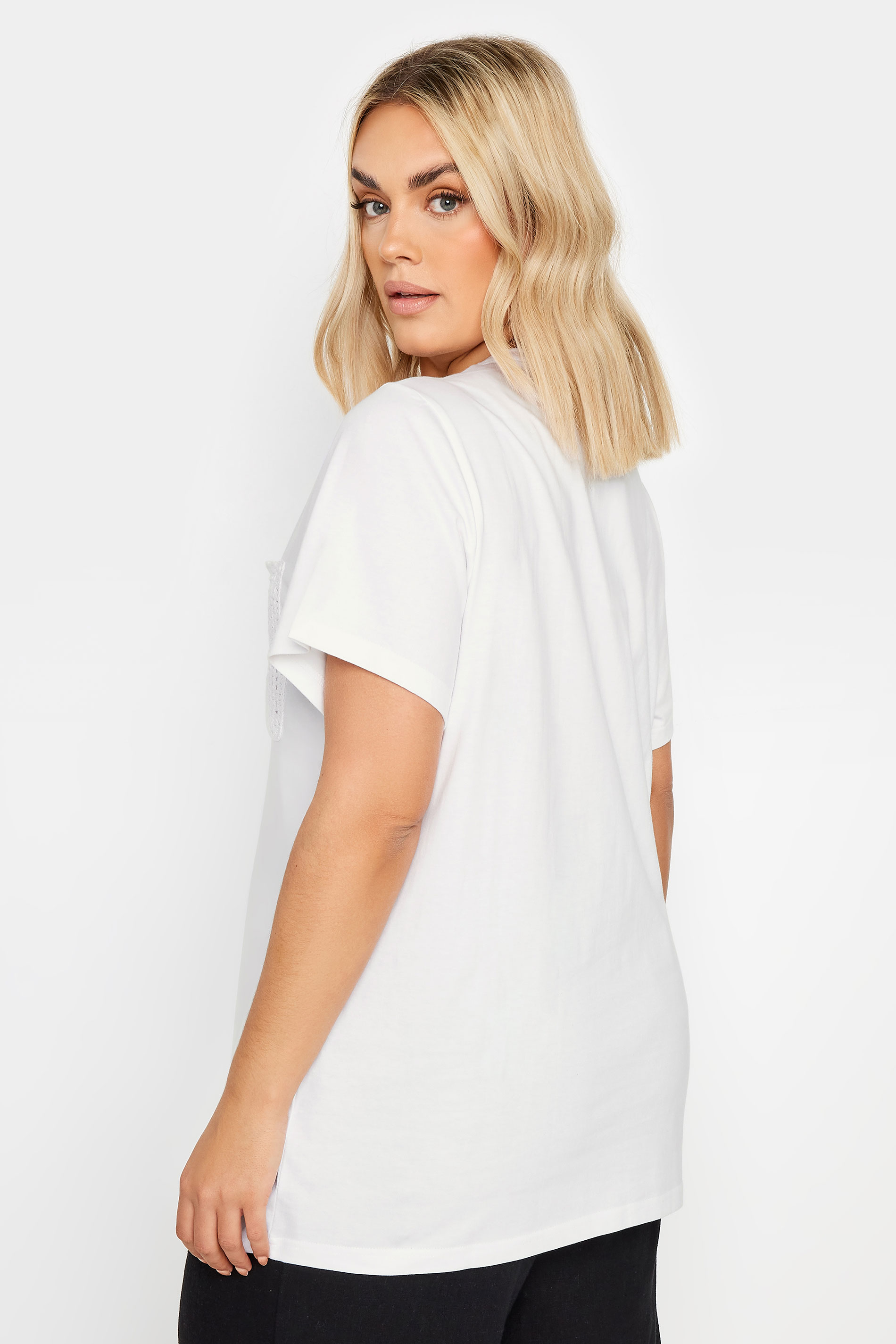YOURS Plus Size White Crochet Pocket T-Shirt | Yours Clothing 3