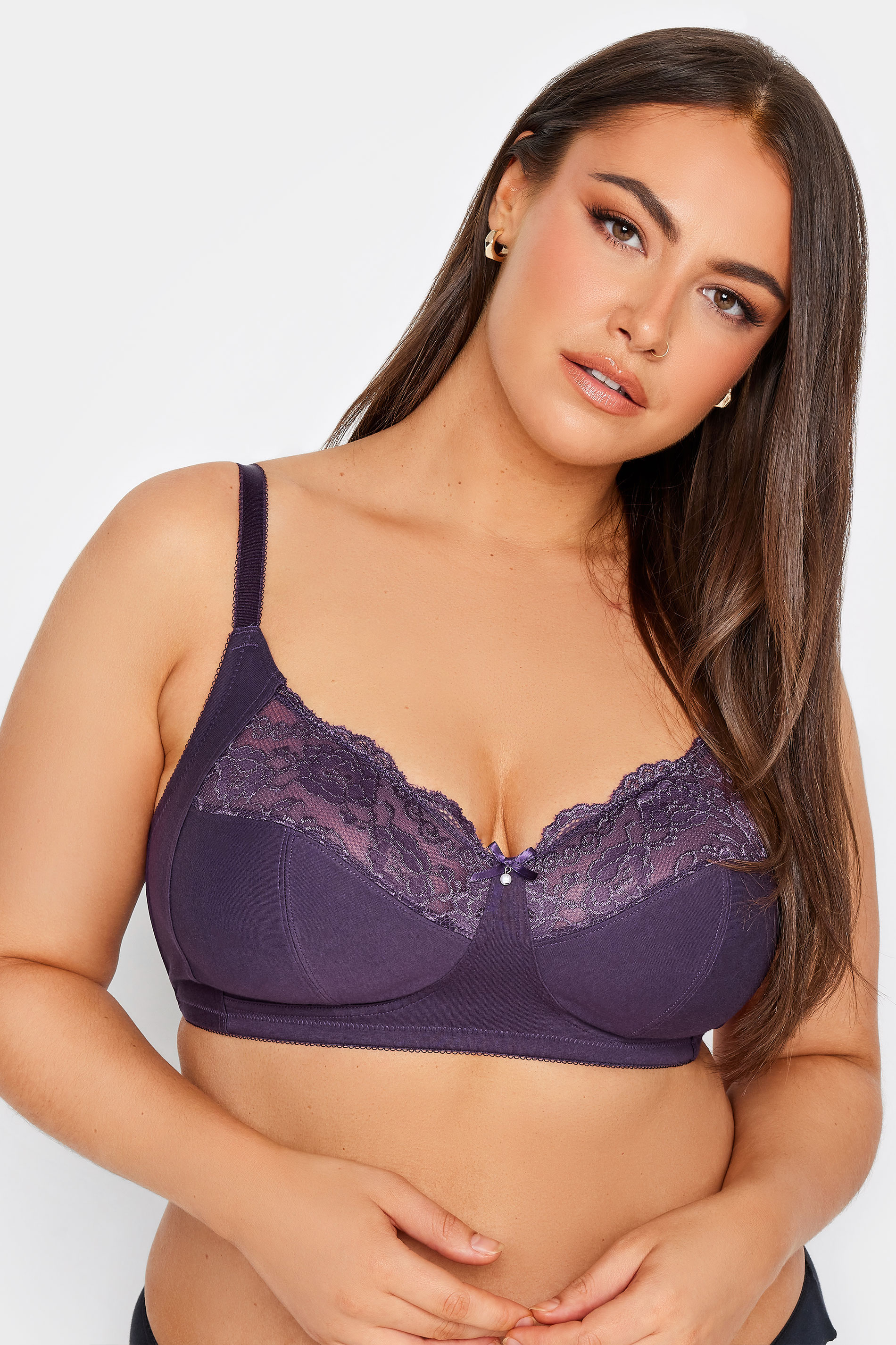 YOURS 2 PACK Black & Purple Cotton Lace Trim Non-Padded Bras | Yours Clothing 3