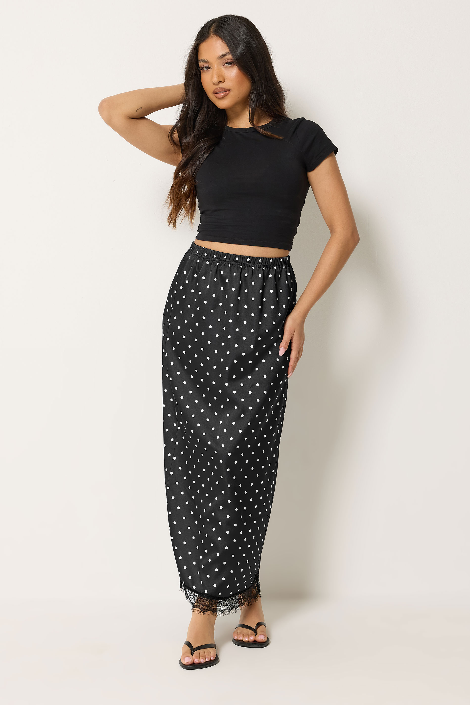 PixieGirl Petite Women's Black Polka Dot Satin Maxi Skirt | PixieGirl 3