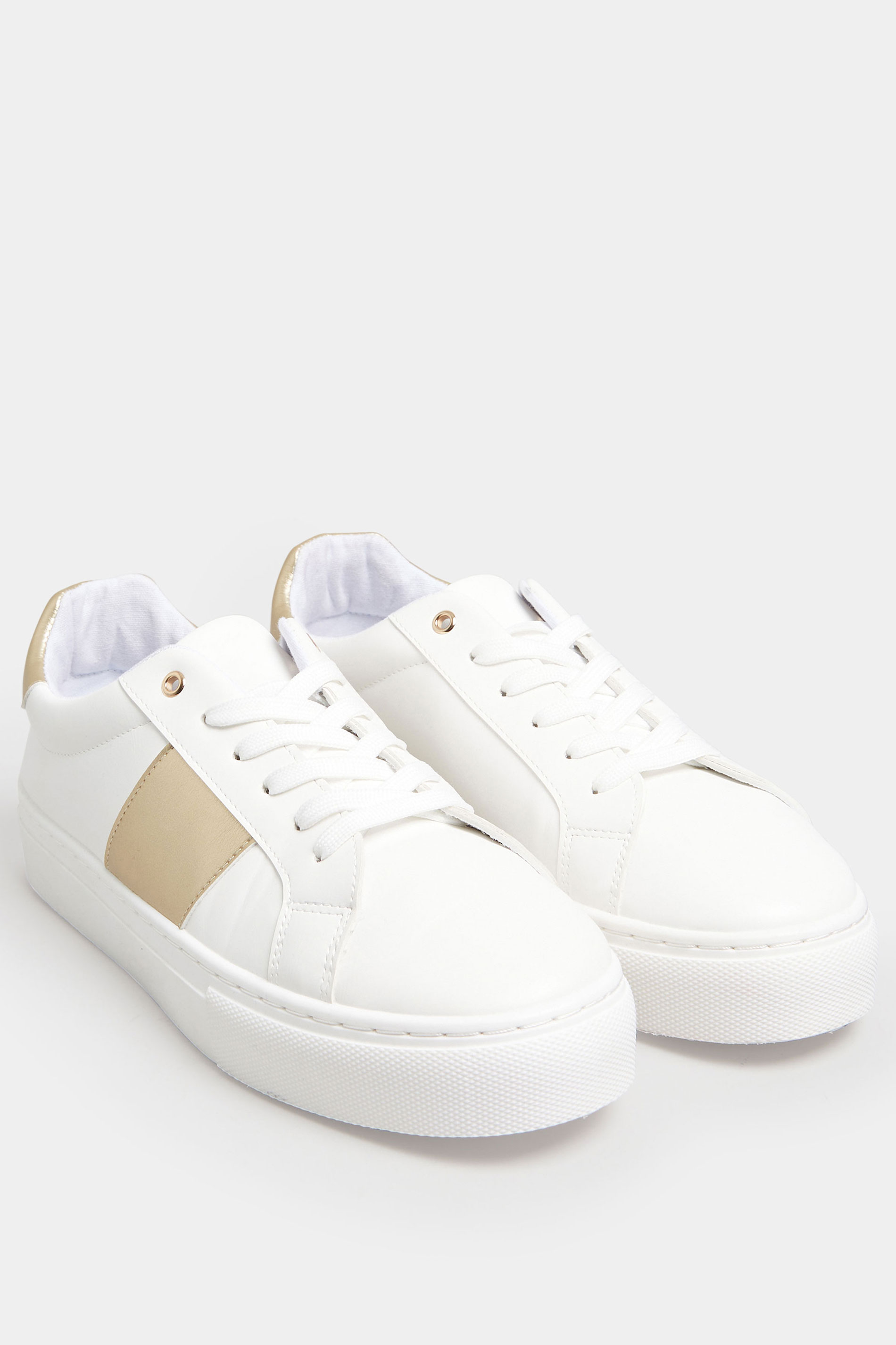 LIMITED COLLECTION White & Gold Stripe Trainers In Wide EEE Fit | Yours Clothing 2