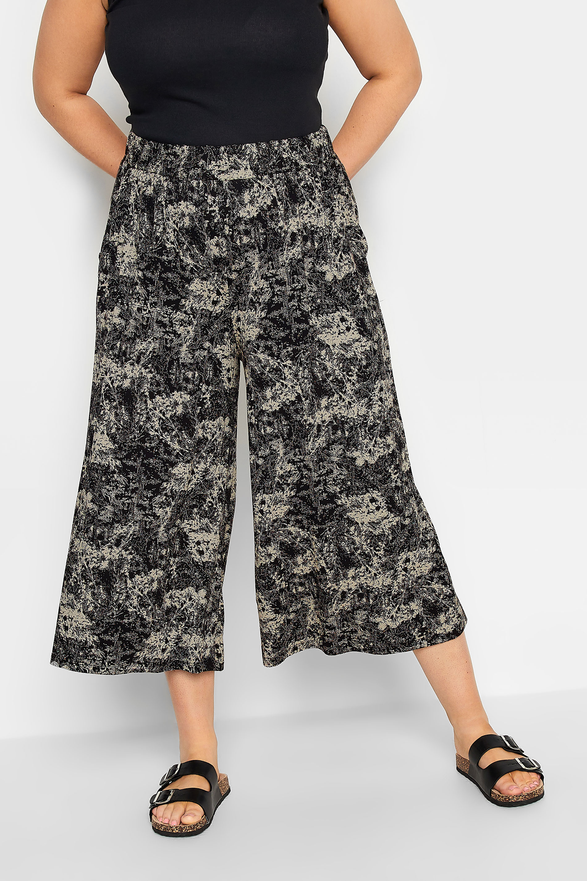 YOURS Curve Black Abstract Print Midaxi Culottes | Yours Clothing 1