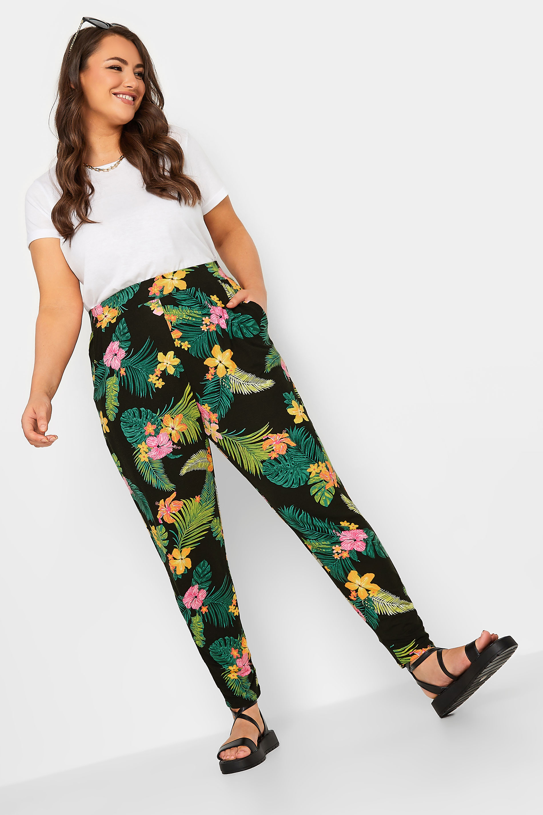 YOURS Plus Size Black Tropical Print Double Pleat Harem Trousers | Yours Clothing 3