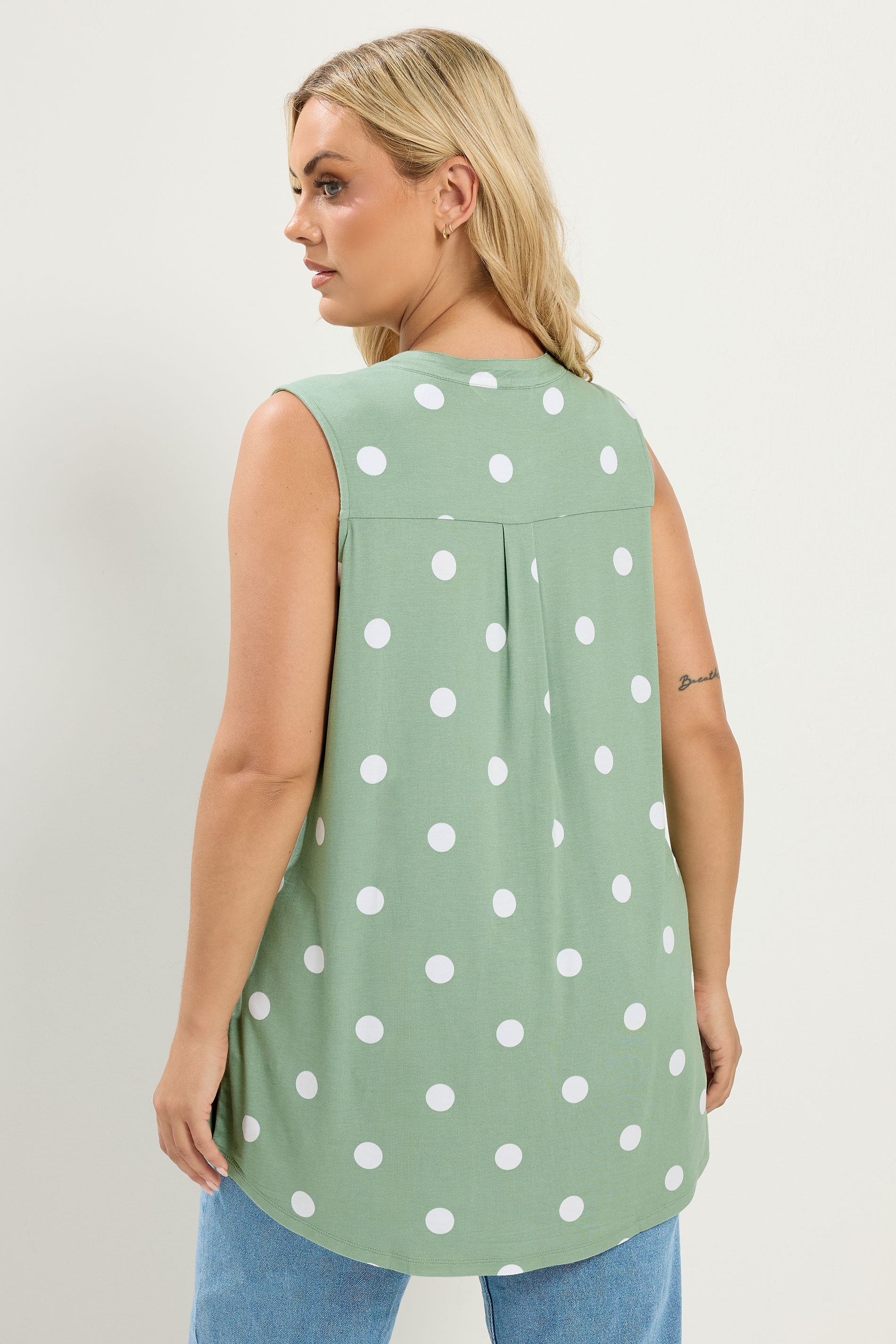 YOURS Plus Size Green Polka Dot Sleeveless Swing Blouse | Yours Clothing 2
