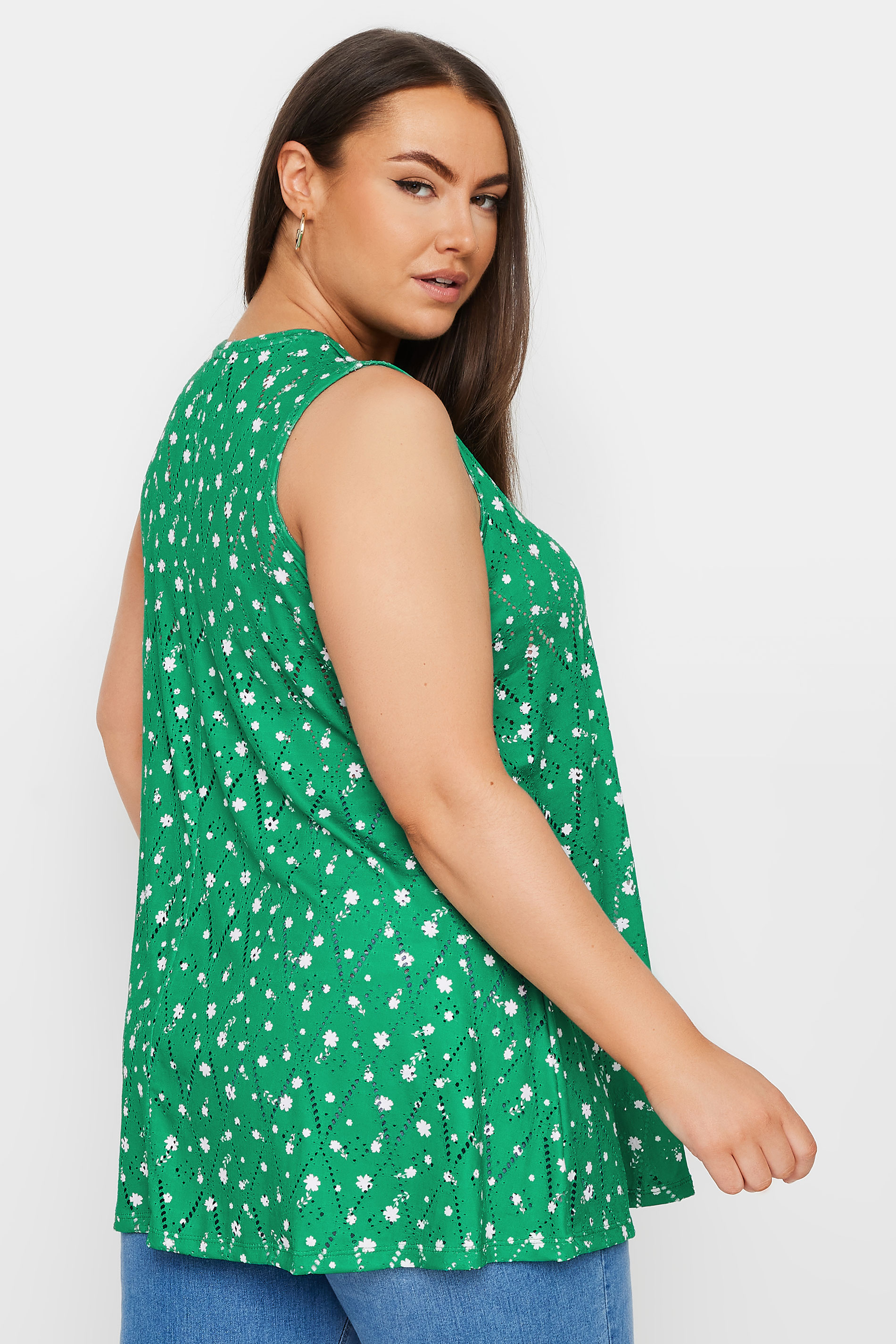 YOURS Plus Size Green Floral Print Broderie Anglaise Vest Top | Yours Clothing 3