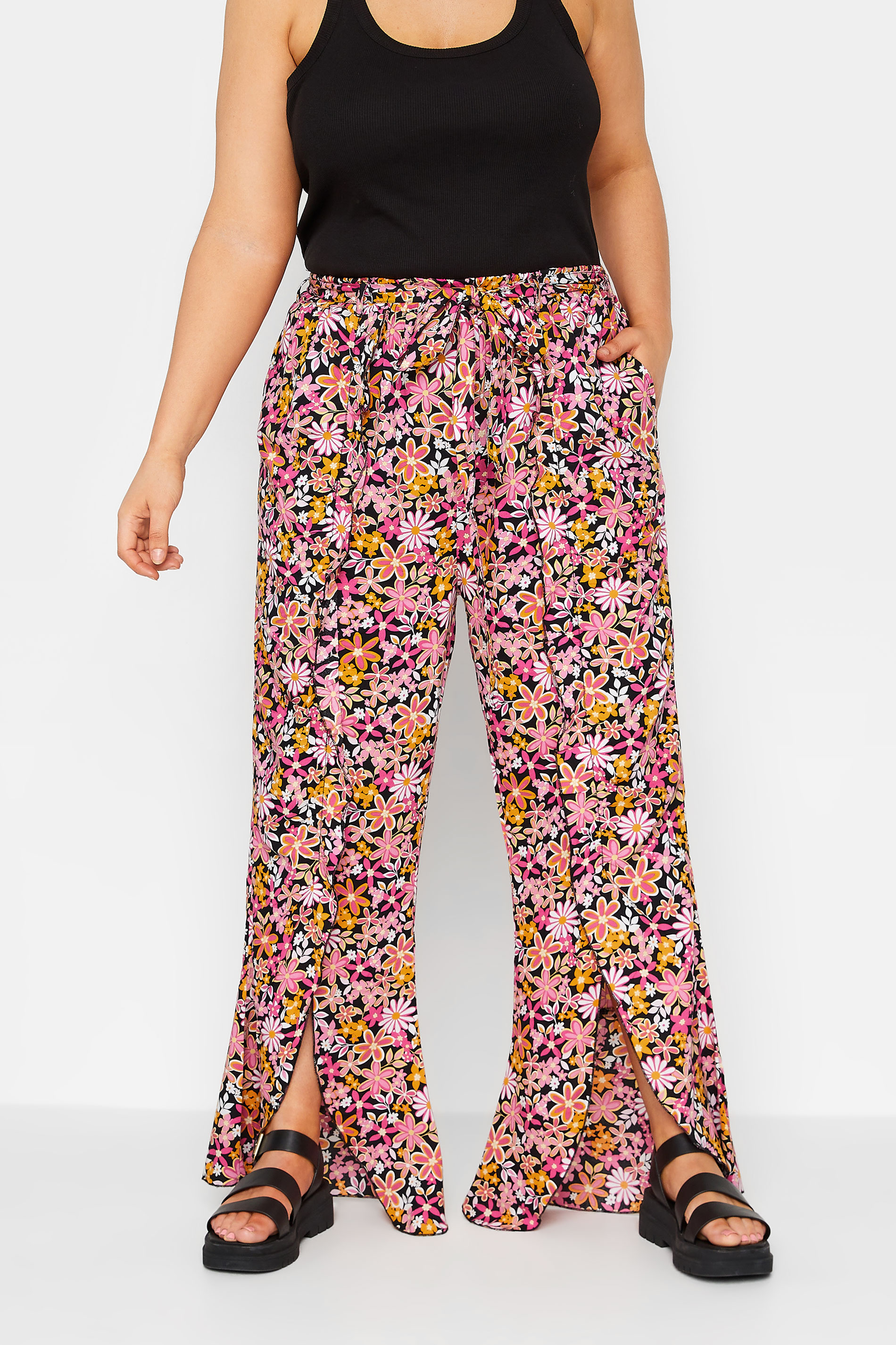 YOURS Plus Size Pink Floral Print Frill Wide Leg Trousers | Yours Clothing 1