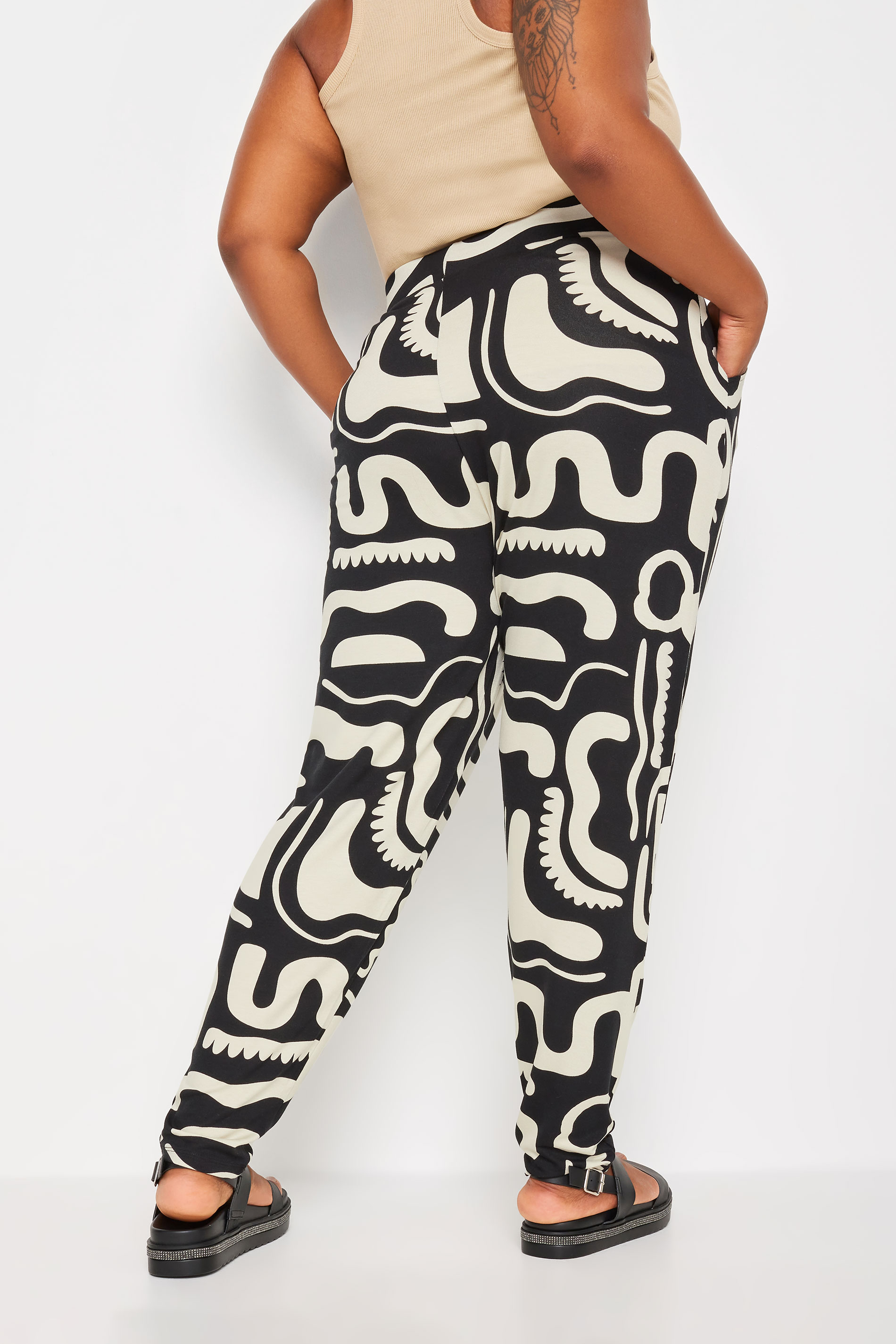 YOURS Plus Size Black & White Abstract Print Harem Trousers | Yours Clothing 3