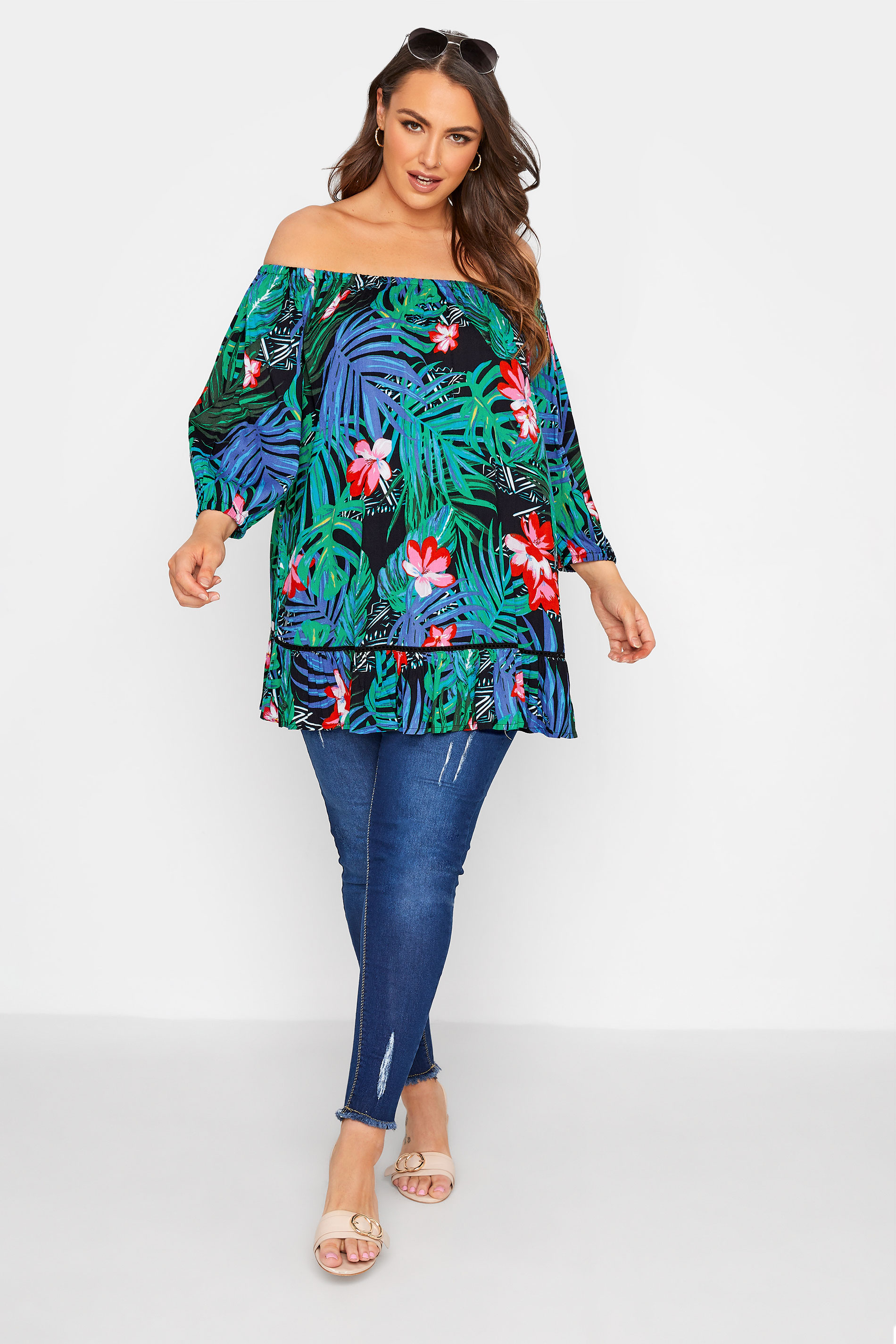 Grande taille  Tops Grande taille  Tops Casual | Top Noir Tropical Style Bardot - RC99156