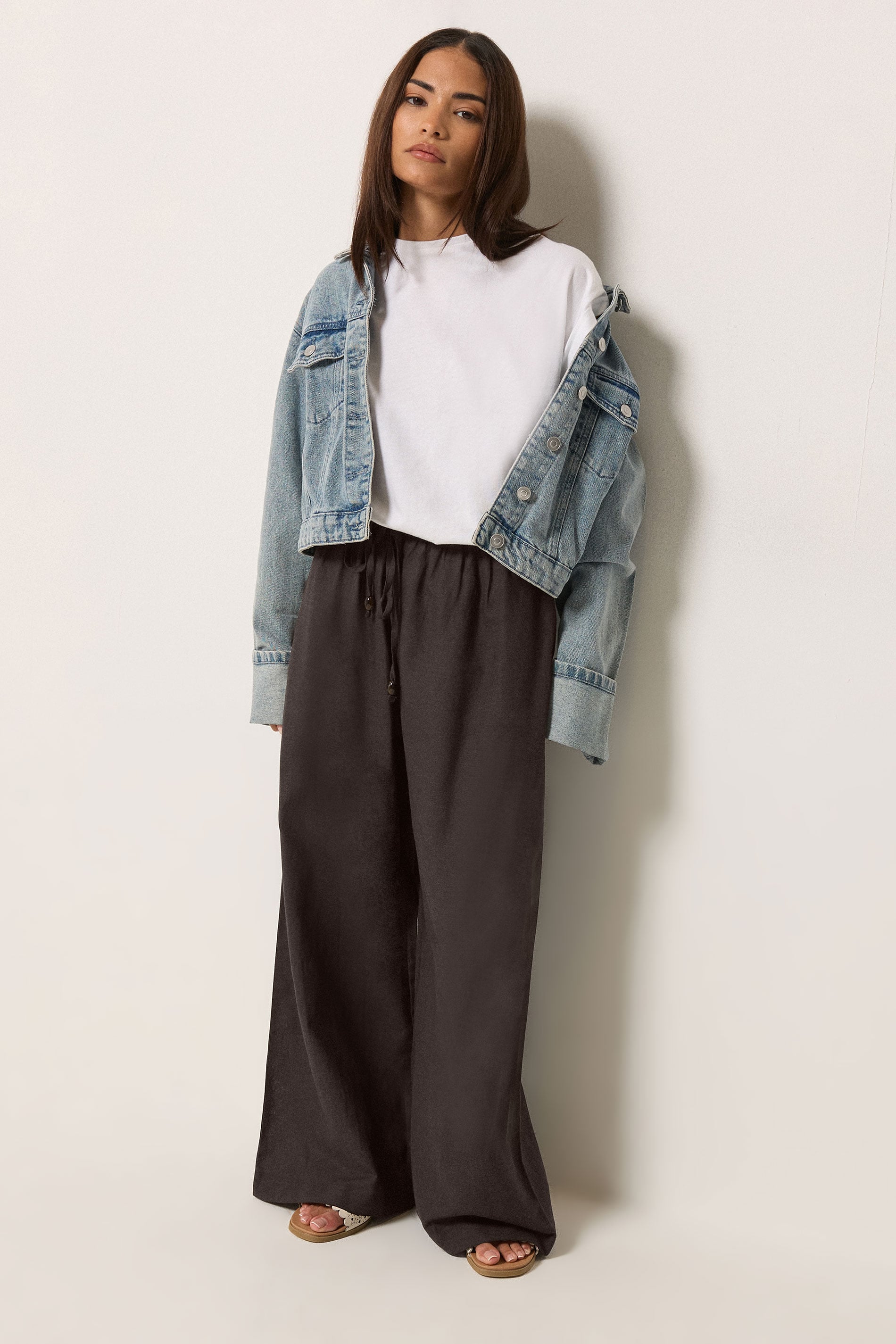 PixieGirl Petite Women's Brown Linen Wide Leg Trousers | PixieGirl 1