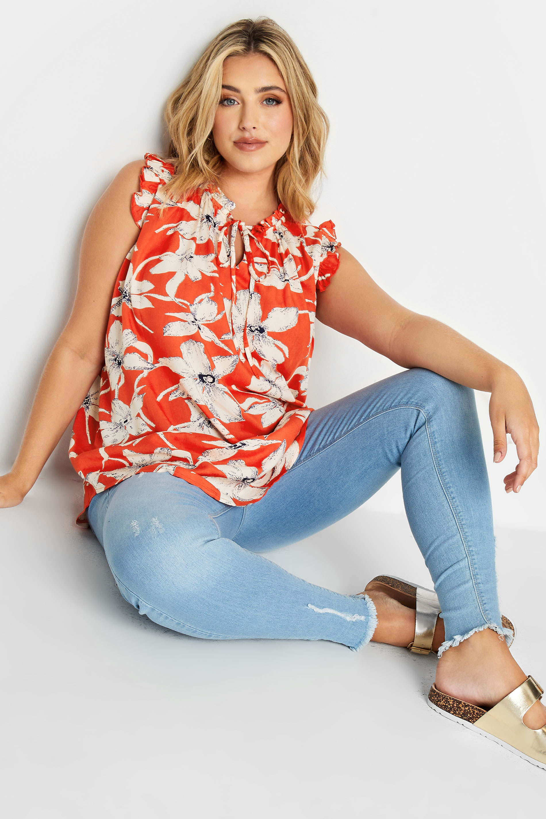 YOURS Plus Size Orange Floral Print Frill Neck Top | Yours Clothing 2