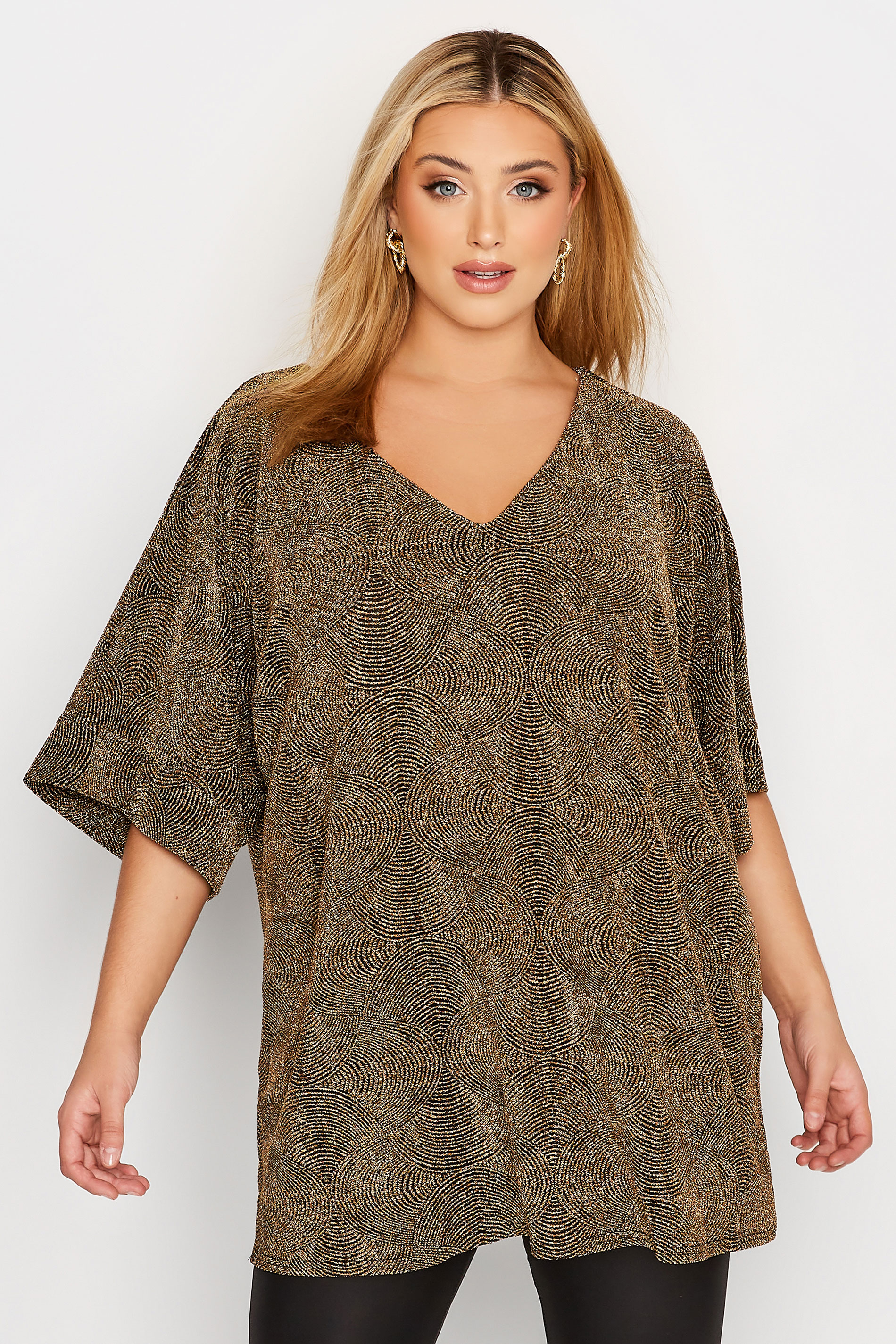 Curve Plus Size Gold & Black Short Sleeve Glitter Top | Yours Clothing 1