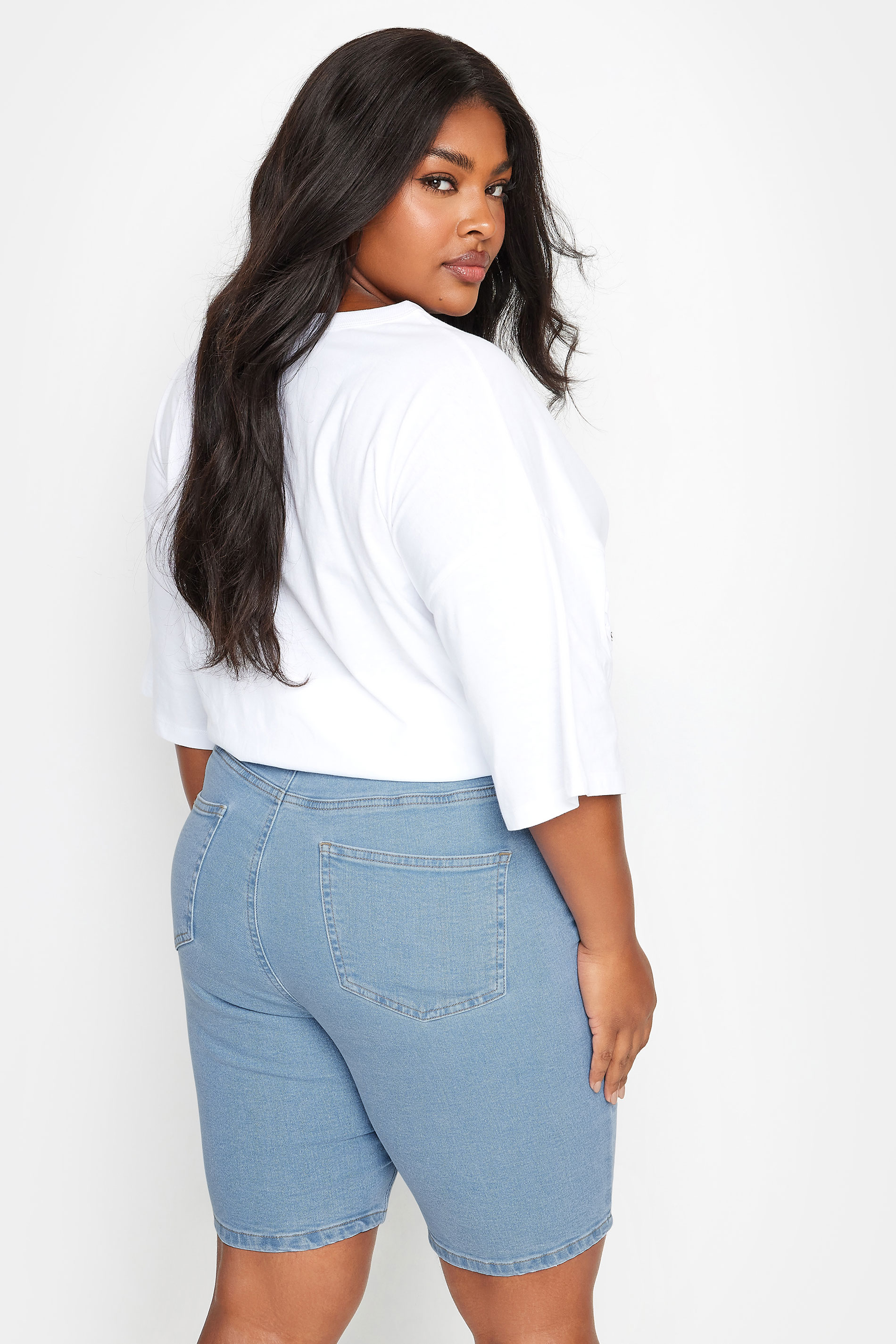 YOURS Plus Size Light  Blue Pull On Stretch Denim Cycling Shorts | Yours Clothing 3