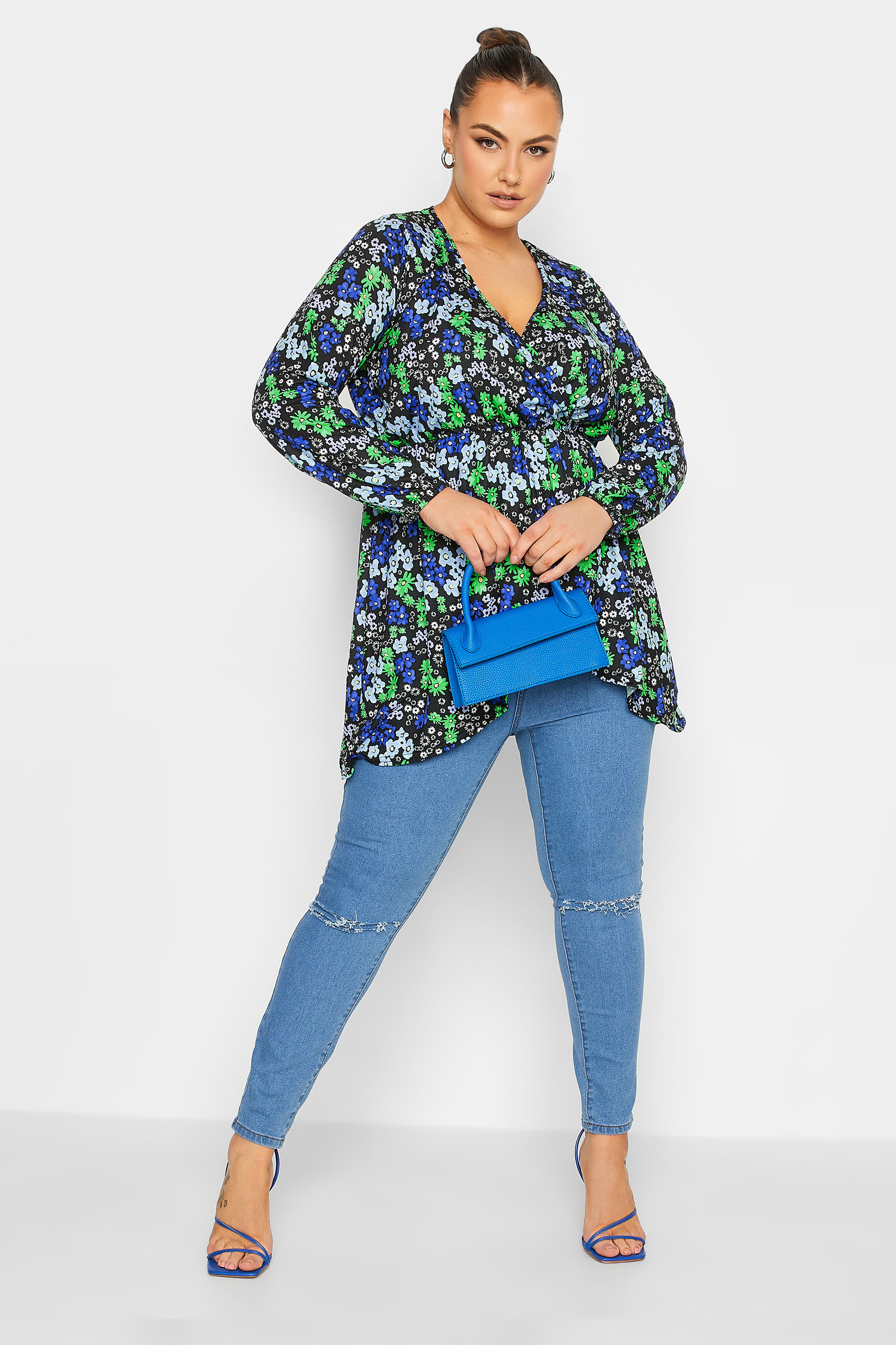 LIMITED COLLECTION Plus Size Blue Floral Print Wrap Top | Yours Clothing 2