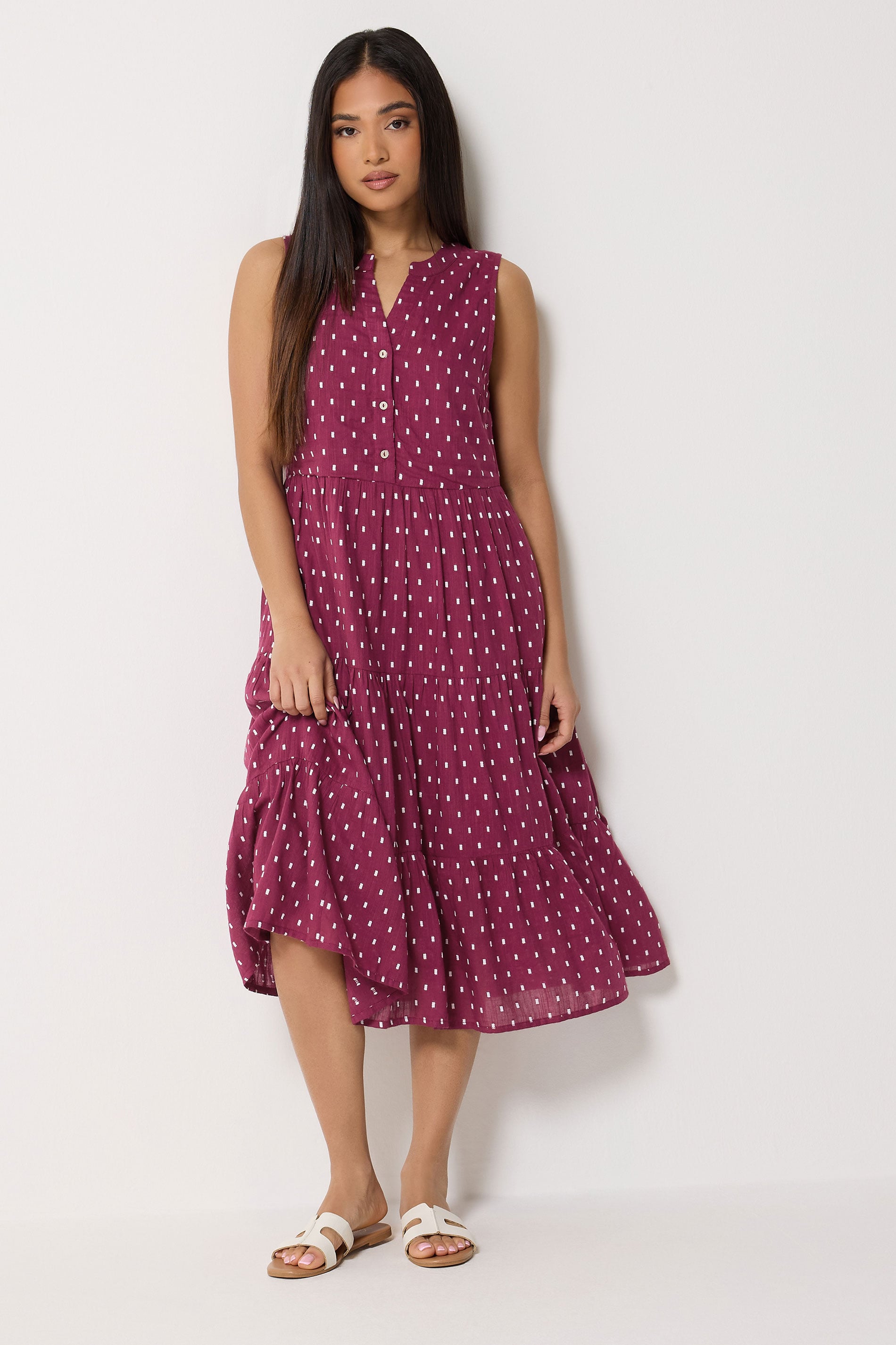 M&Co Petite Berry Red Dobby Tiered Cotton Midi Dress | M&Co 3