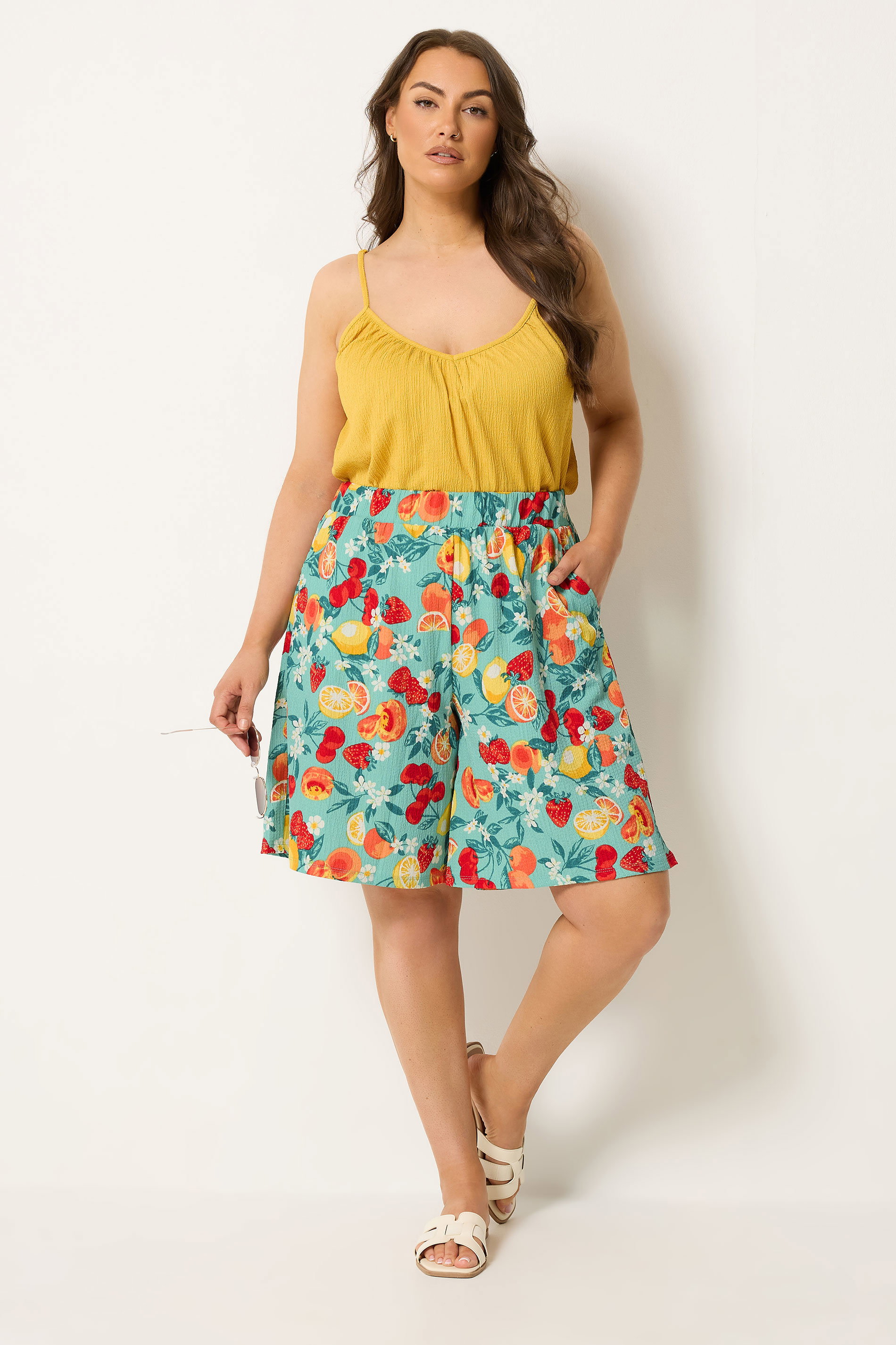 YOURS Plus Size Green Mixed Fruit Textured Shorts | Yours Clothing 1