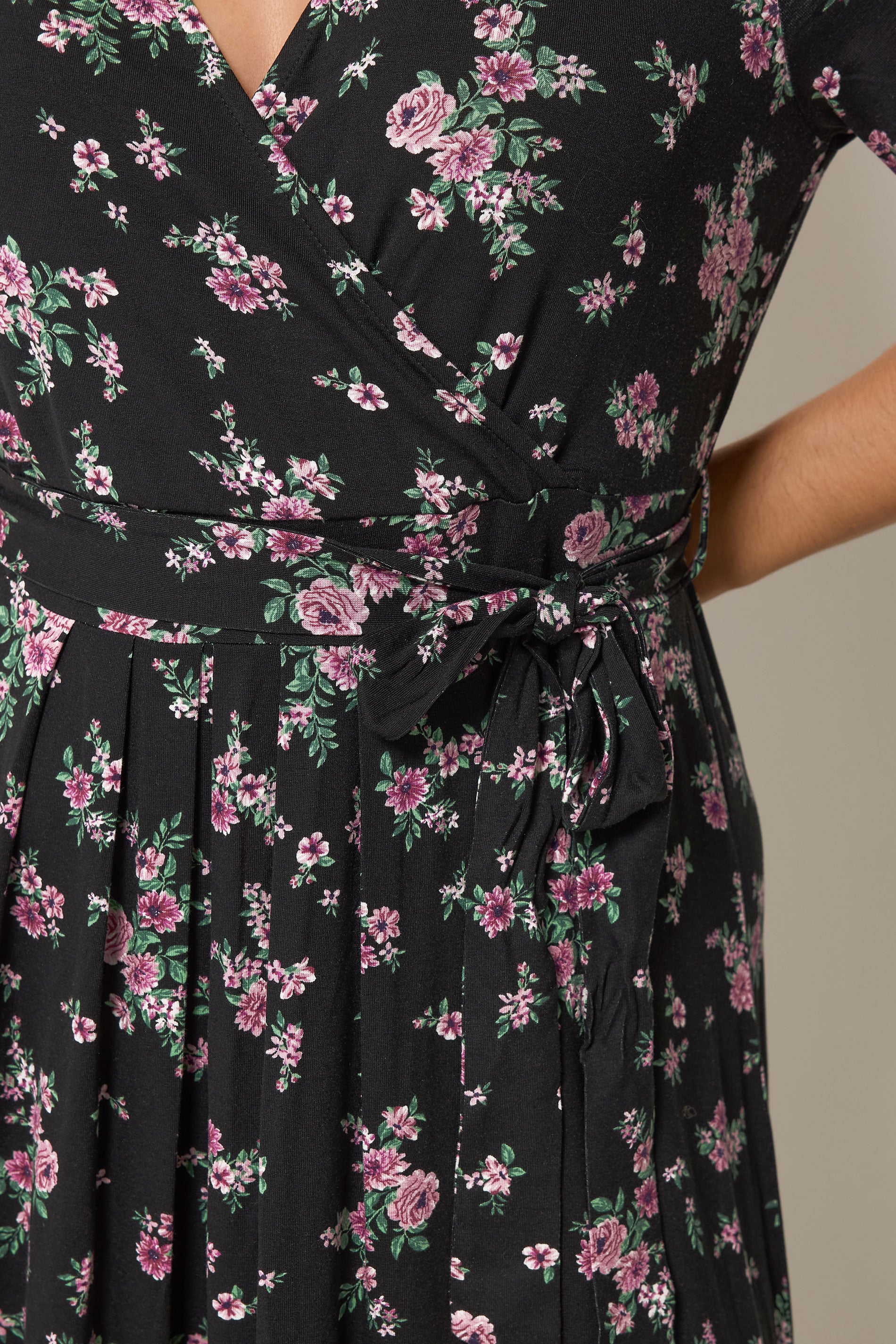 YOURS Plus Size Black & Pink Floral Wrap Front Dress | Yours Clothing 4