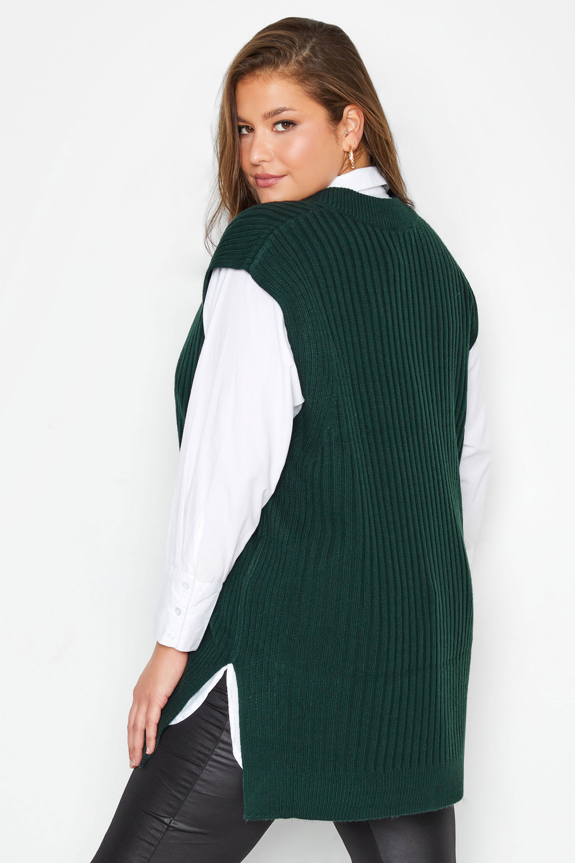 Plus Size Green Ribbed V-Neck Knitted Vest Top | Yours Clothing 3