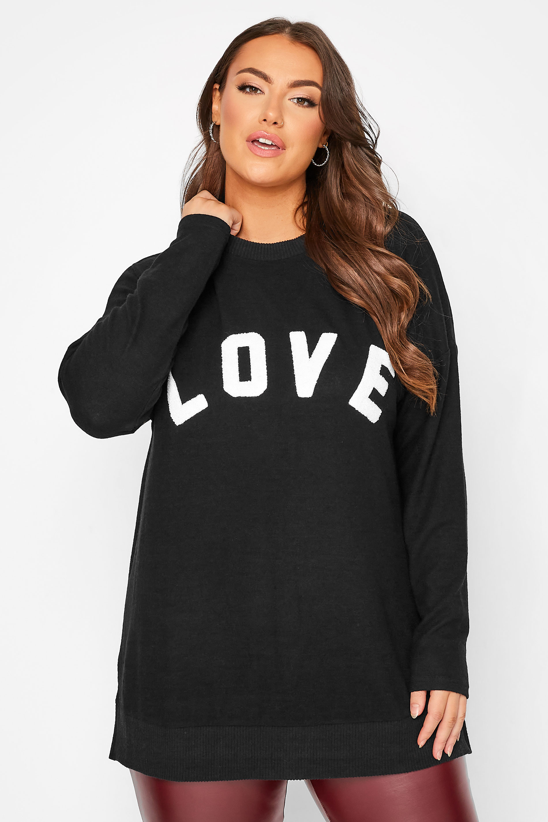 Plus Size Black 'Love' Soft Touch Boucle Jumper | Yours Clothing 1