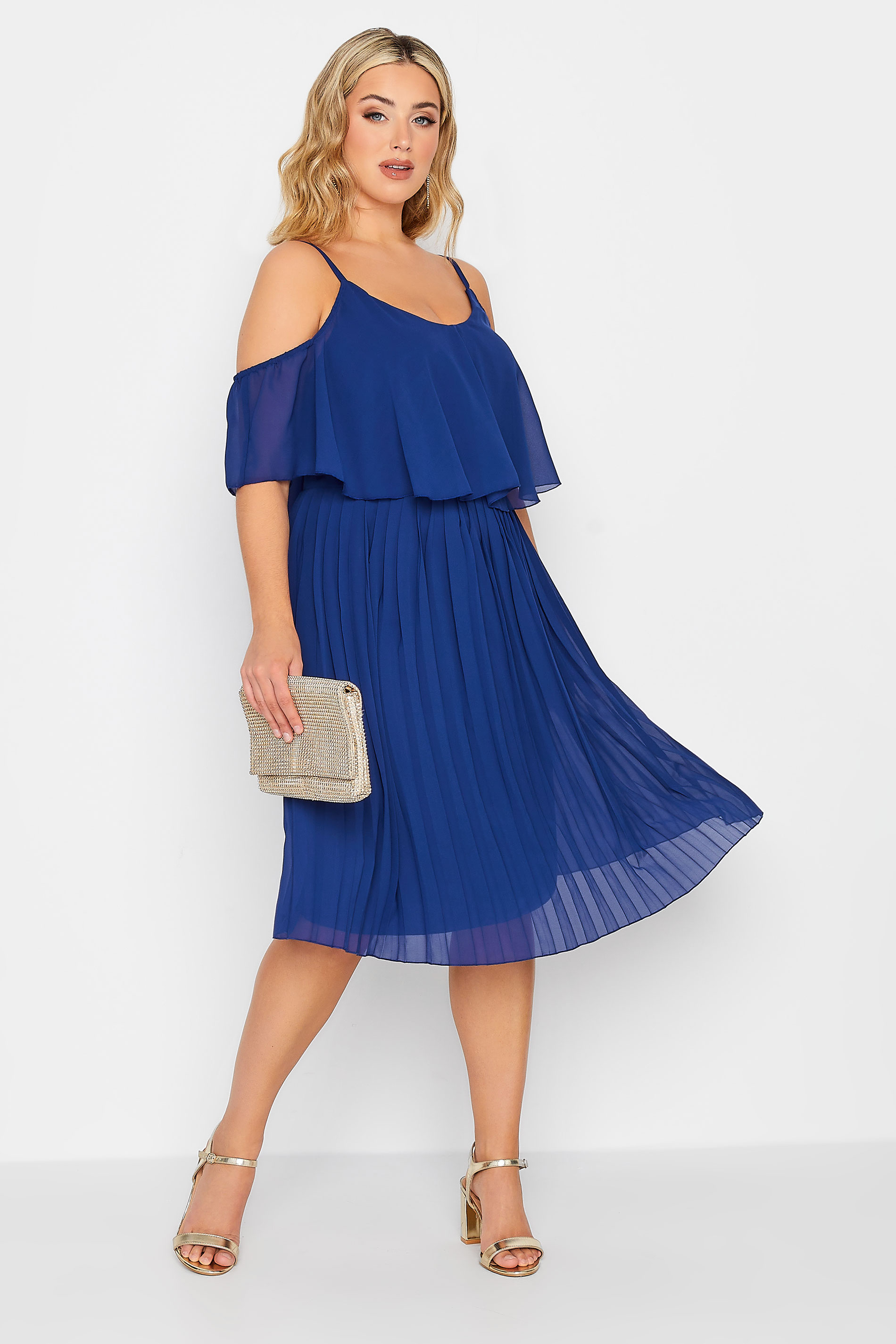 YOURS LONDON Plus Size Cobalt Blue Pleated Overlay Midi Dress | Yours Clothing 2