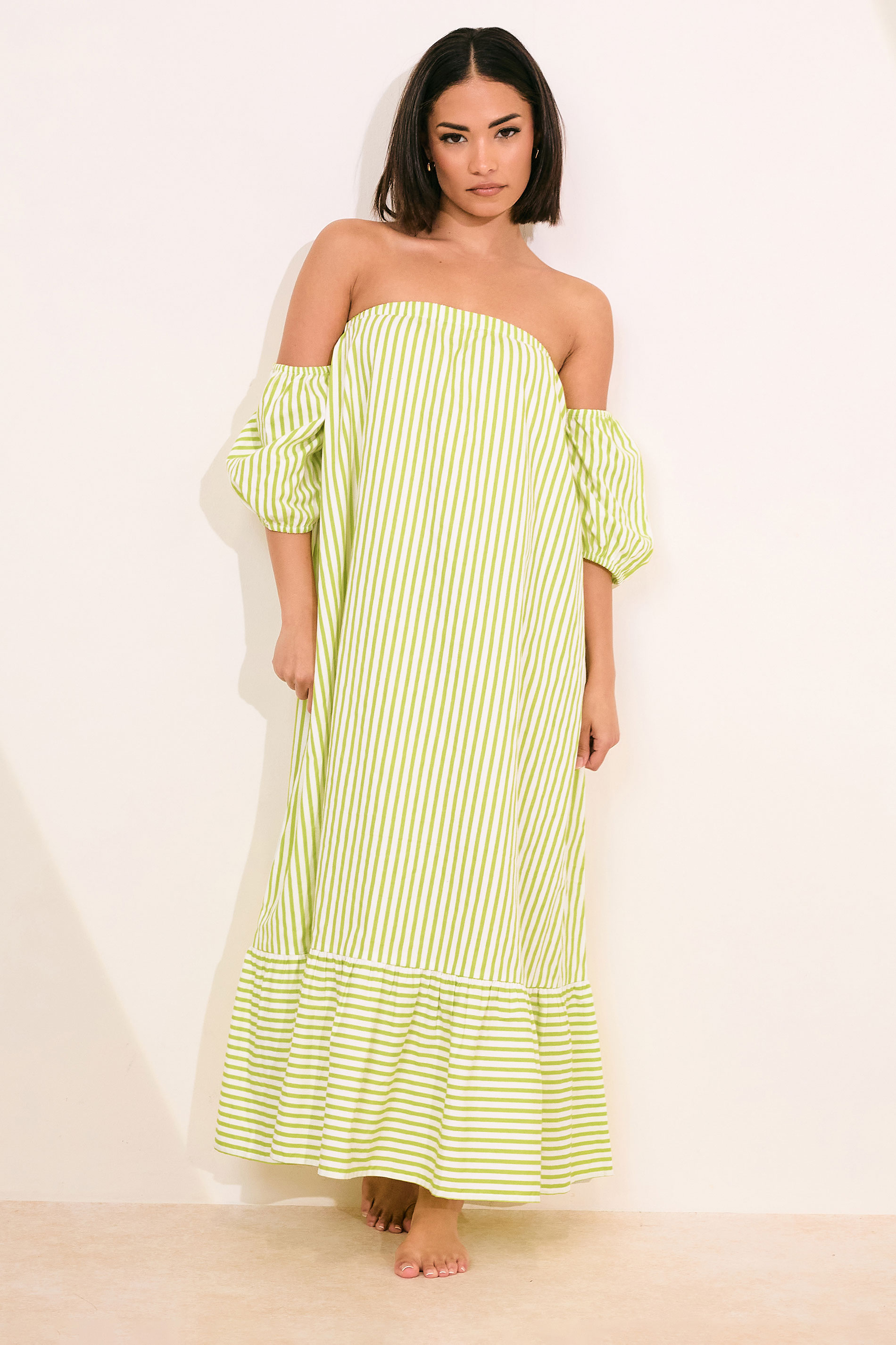 PixieGirl Petite Women's Lime Green Stripe Bardot Cotton Maxi Dress | PixieGirl 2