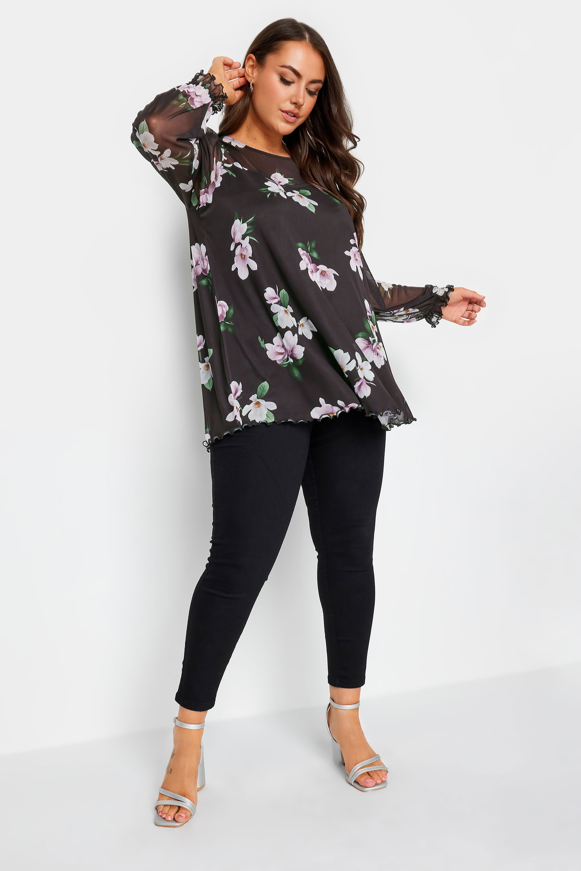 YOURS Curve Black Mesh Floral Swing Top | Yours Clothing 2