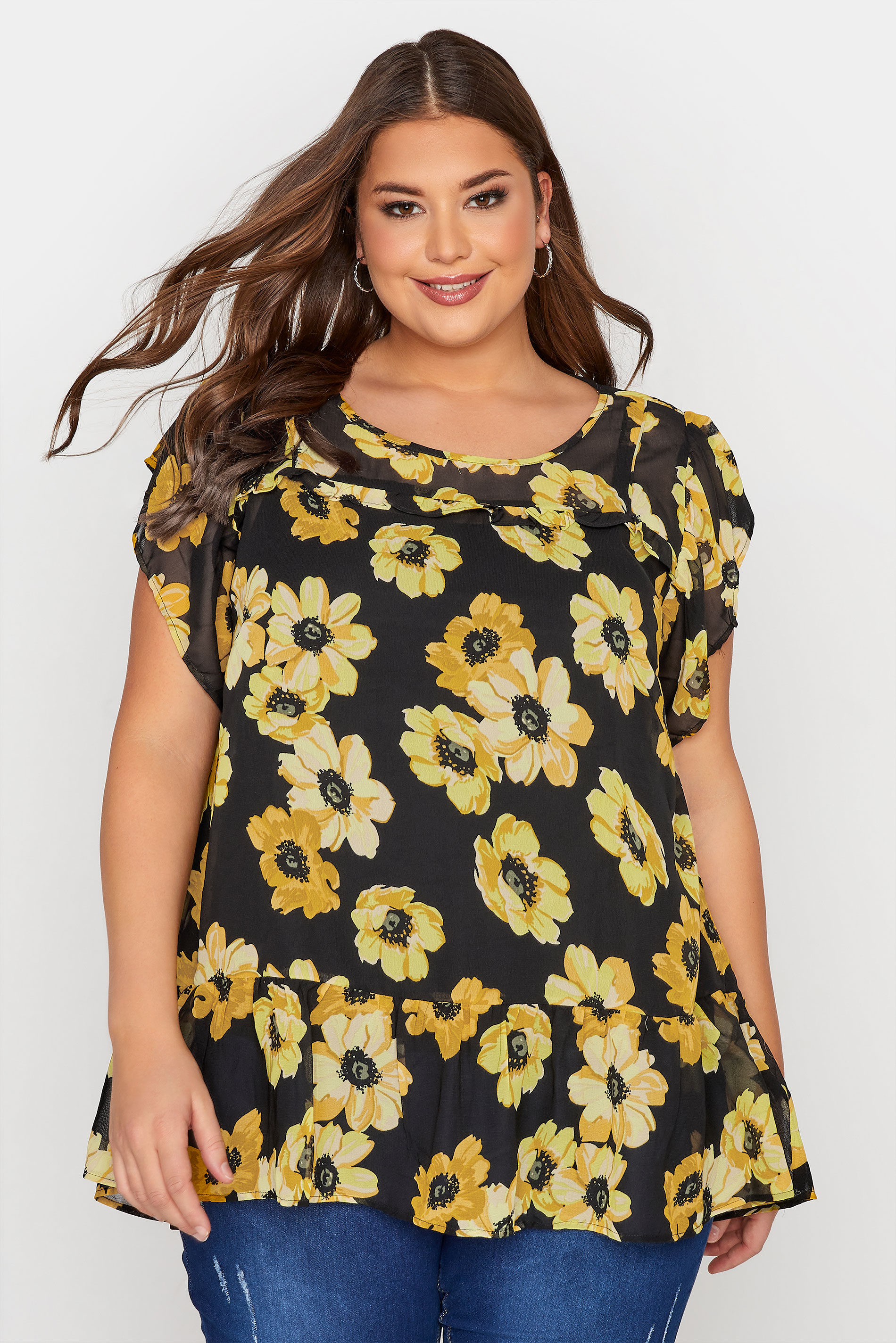Curve Black and Yellow Floral Frill Hem Tunic Top_A.jpg