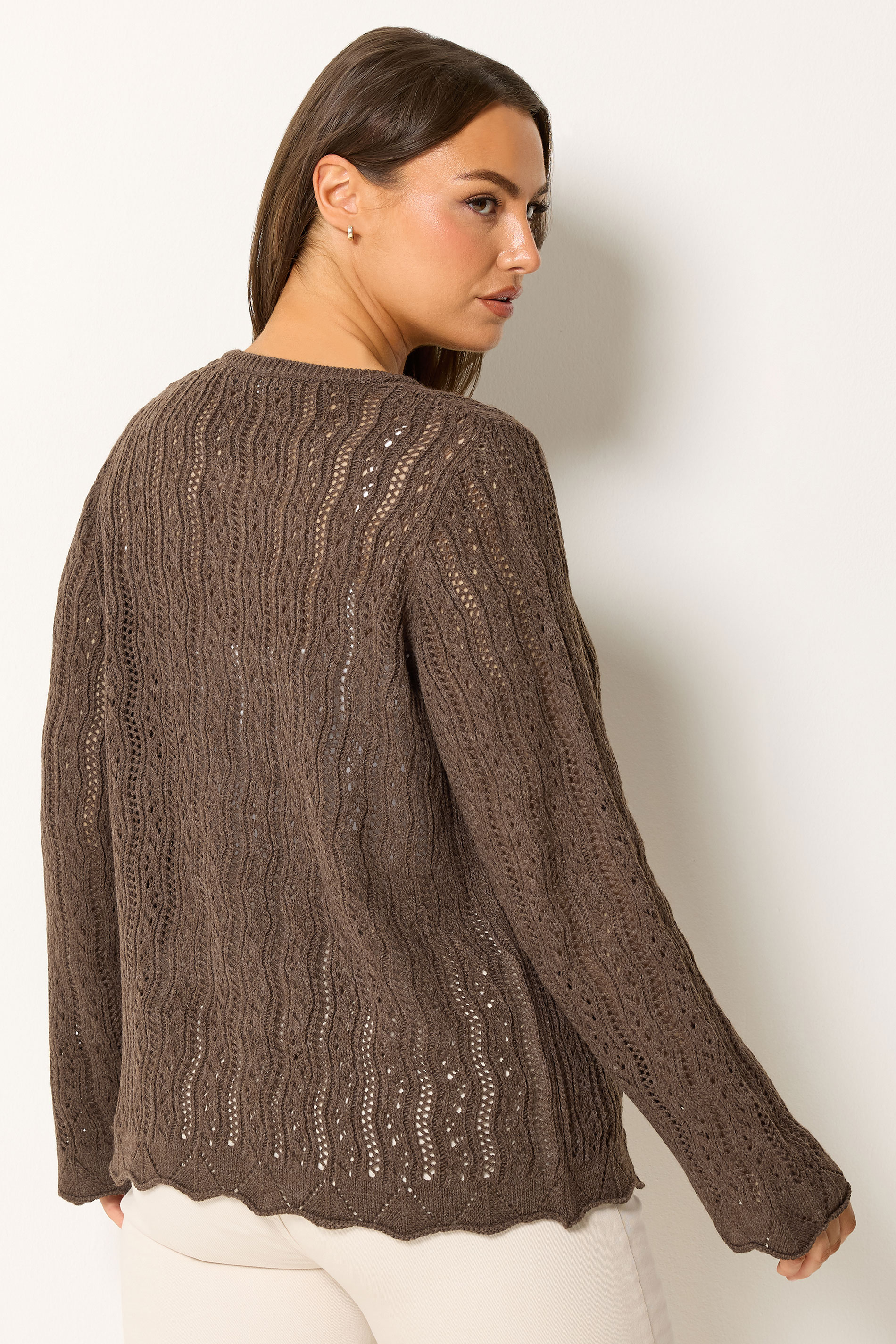 YOURS Curve Chocolate Brown Crochet Cardigan | Yours Clothing 2