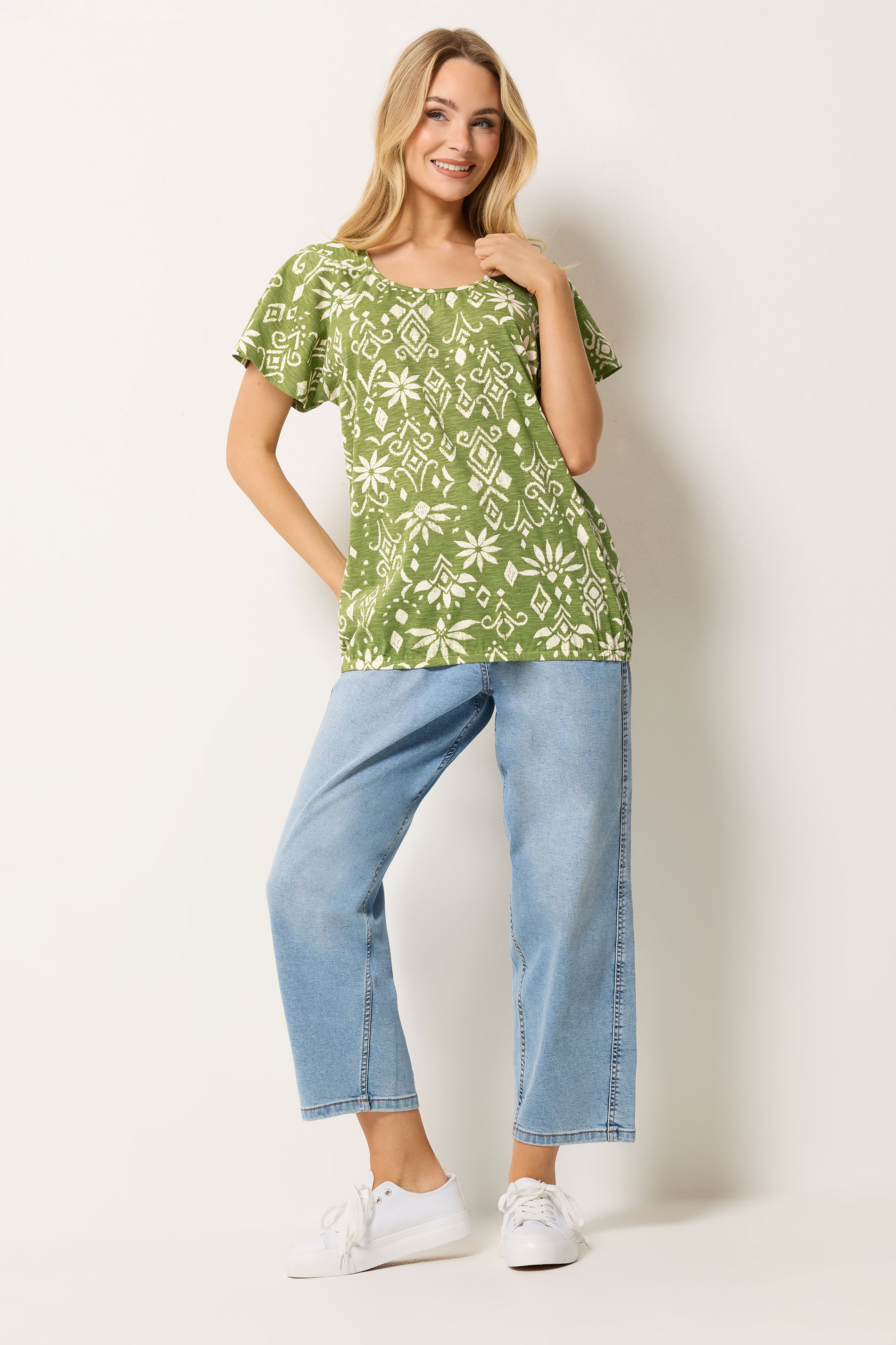 M&Co Green Aztec Print Cotton Scoop Neck Top | M&Co 1