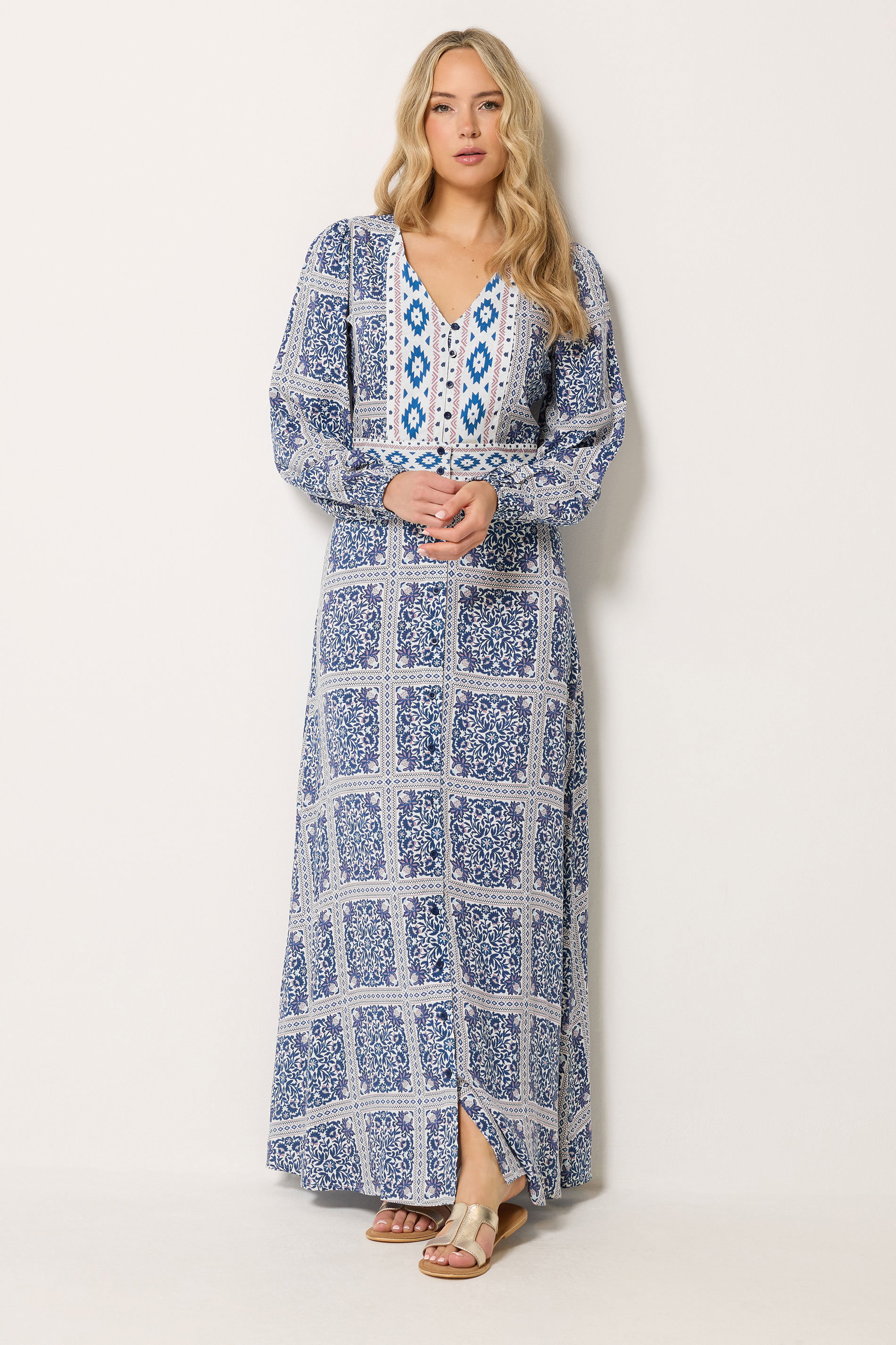 LTS Tall Women's Blue Tile Print Button Maxi Dress | Long Tall Sally 3