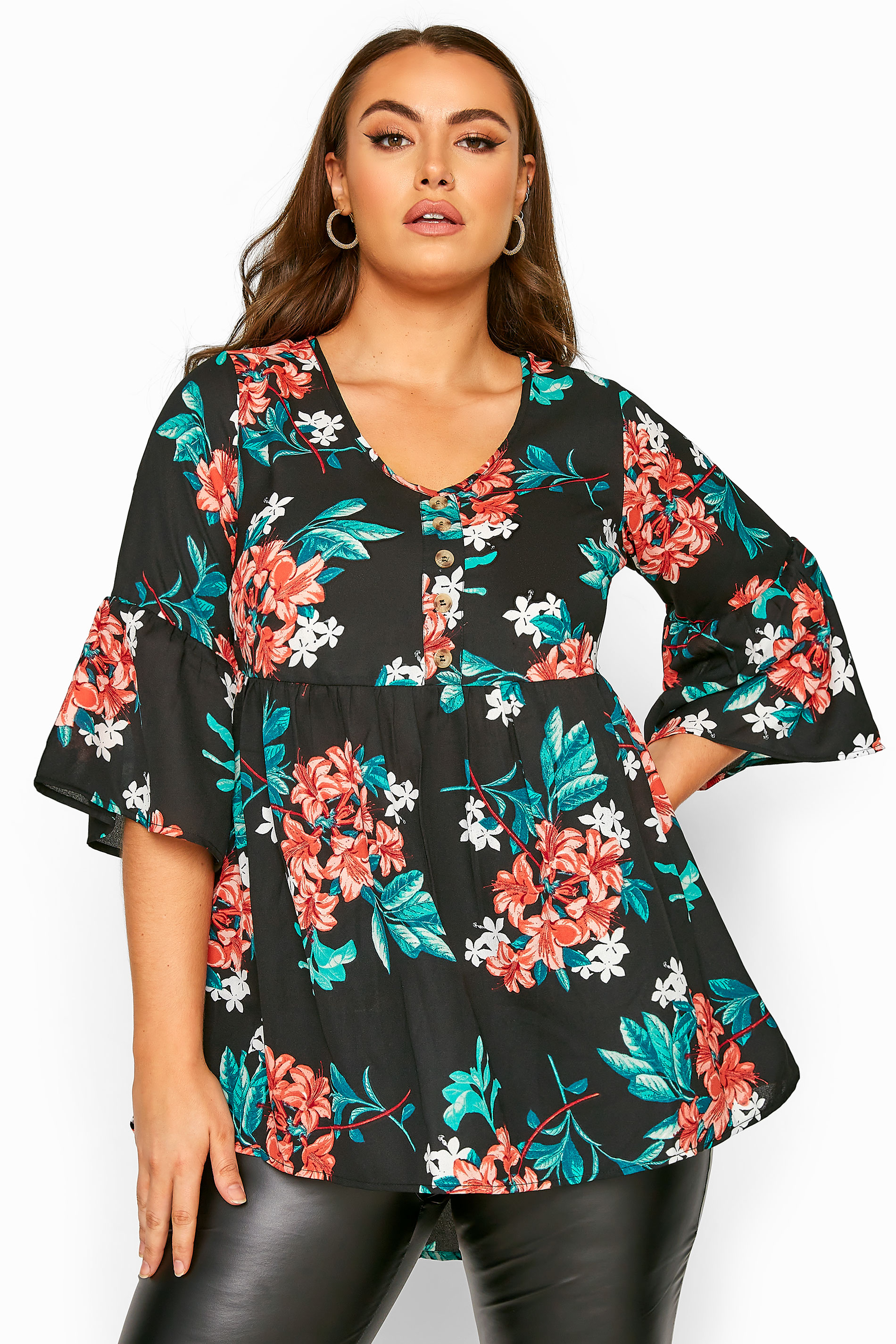 Black Floral Dipped Hem Smock Top | Yours Clothing