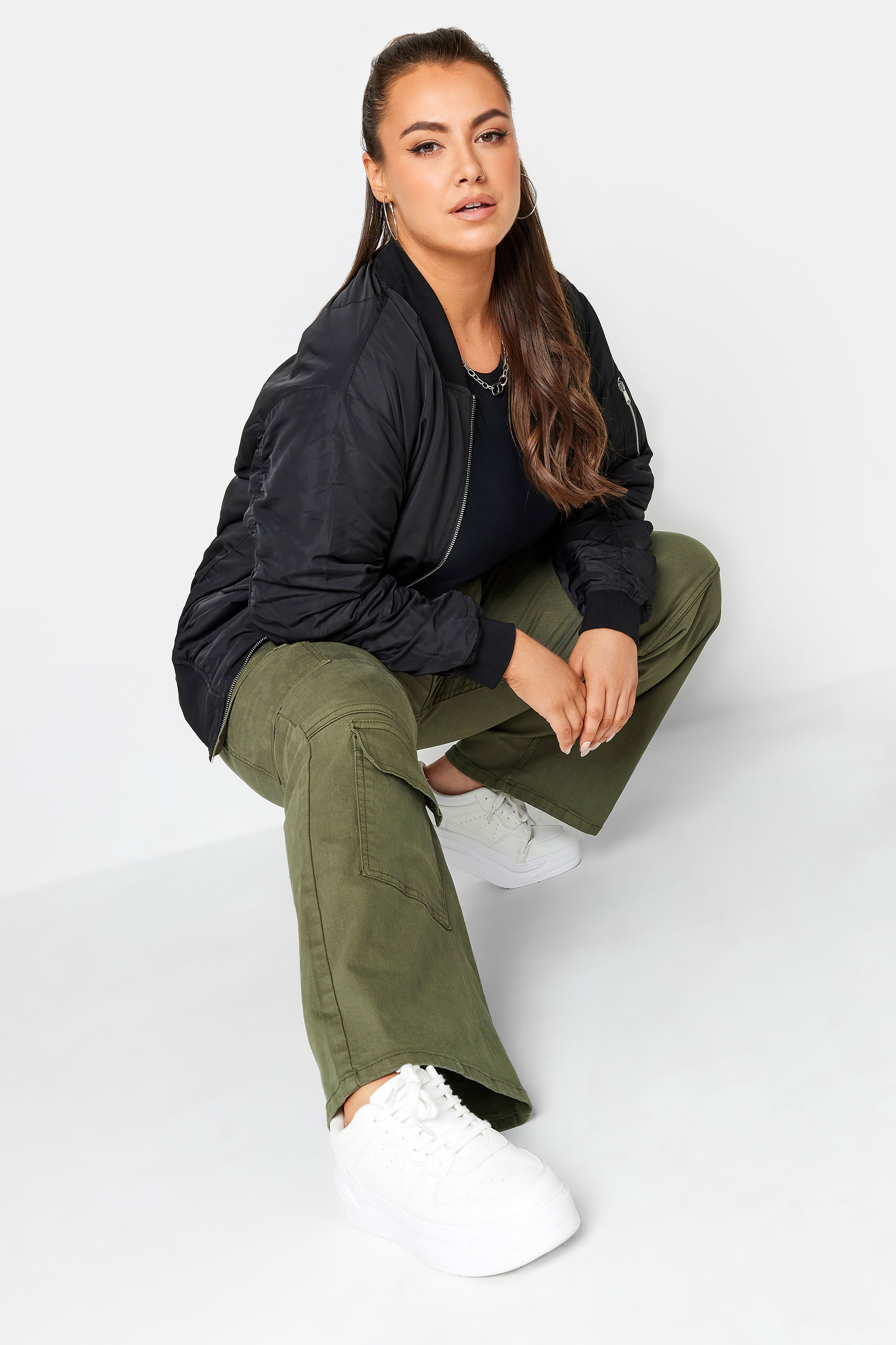 YOURS Curve Plus Size Khaki Green Wide Leg Pocket Cargo Trousers | Yours Clothing  2