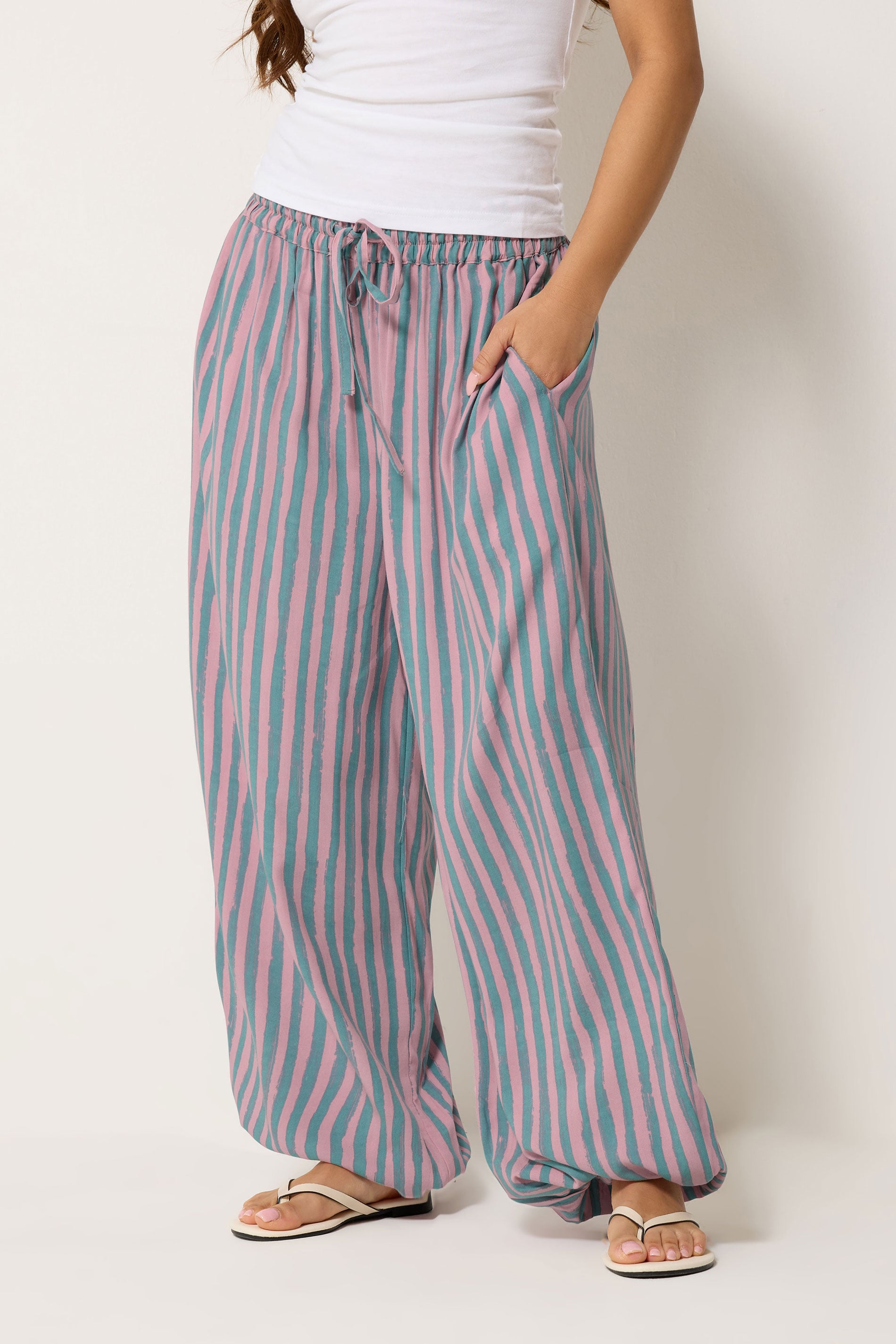 PixieGirl Petite Women's Pink Stripe Balloon Trousers | PixieGirl 1
