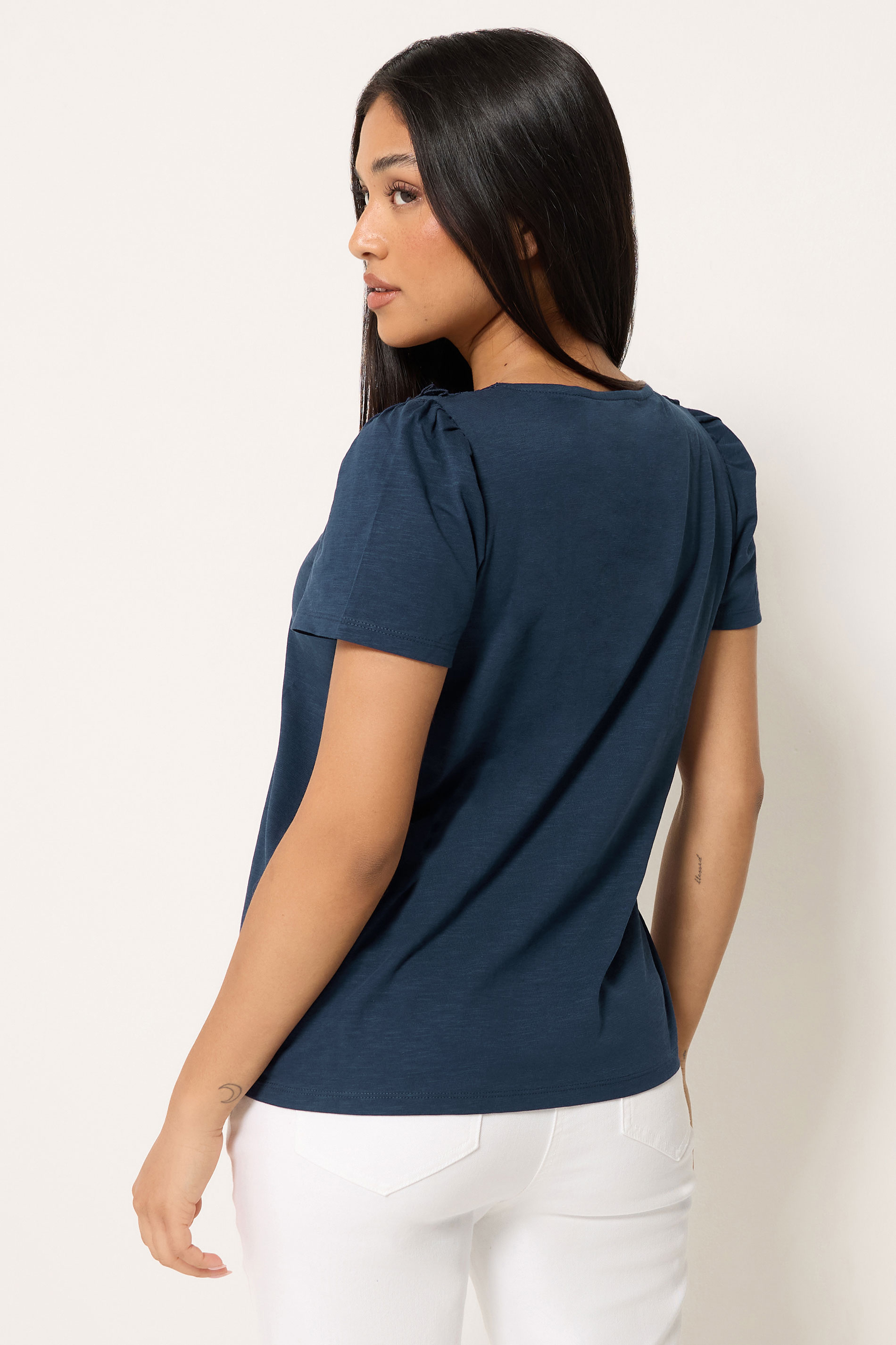M&Co Petite Navy Blue Short Sleeve Frill Cotton Blouse | M&Co 2