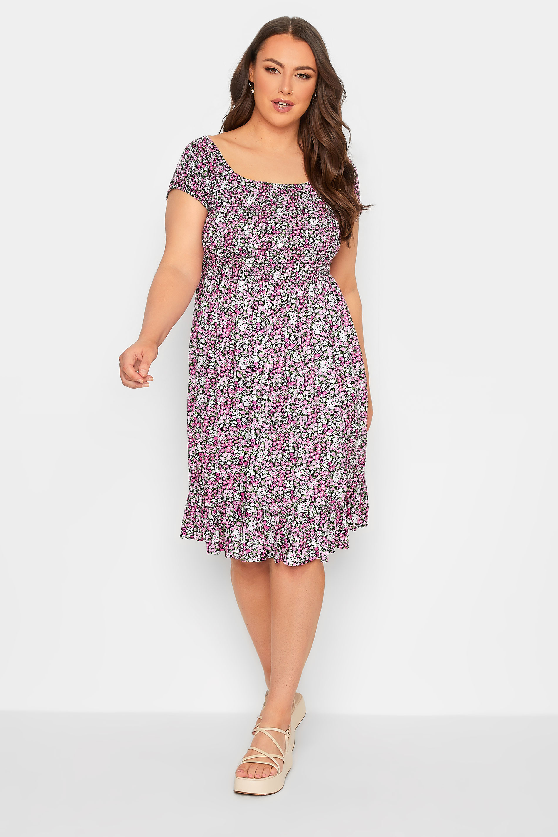 YOURS Curve Pink Floral Ditsy Shirred Midi Dress | Yours Clothing  2