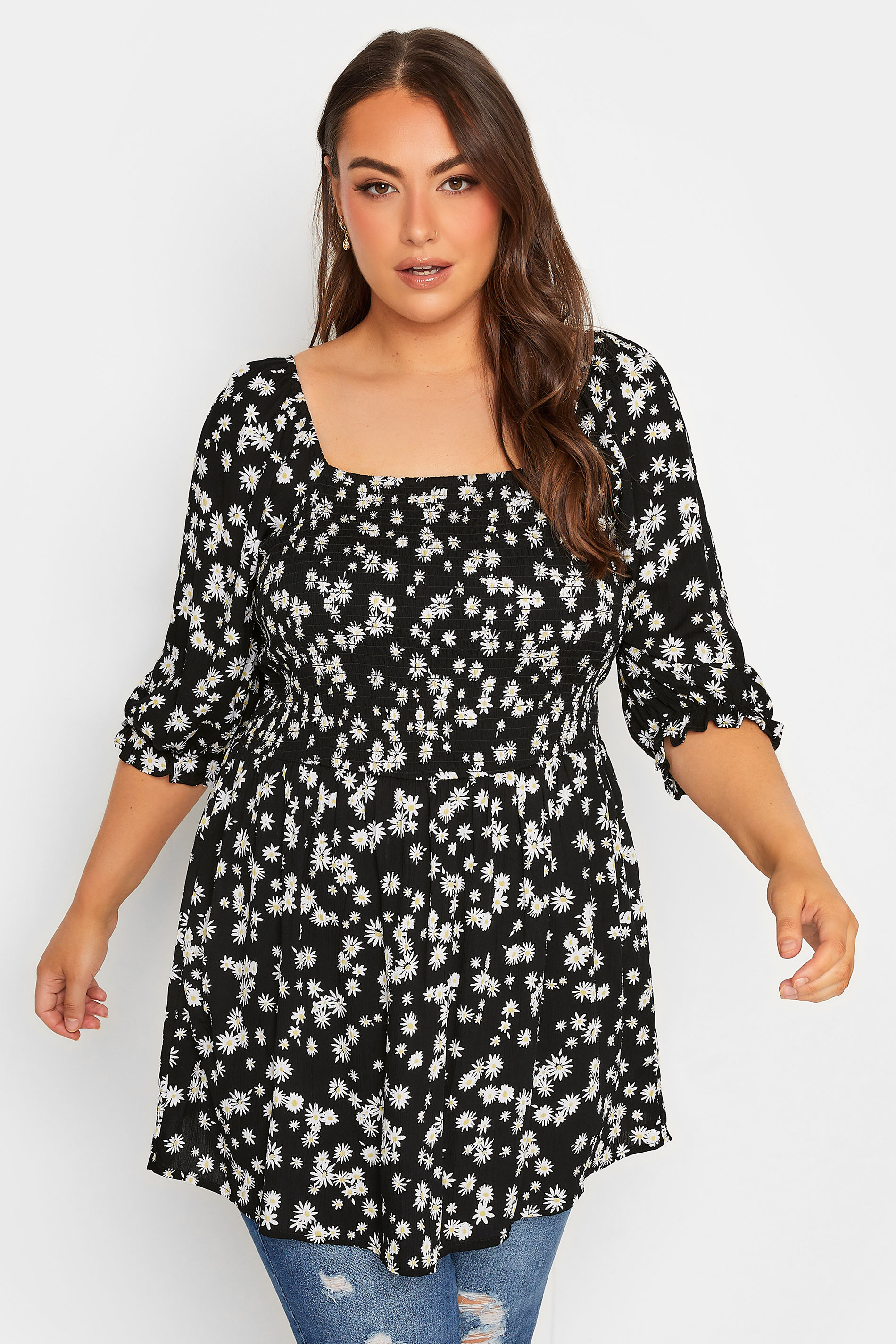 YOURS Plus Size Black Floral Crinkle Shirred Tunic Top | Yours Clothing 1
