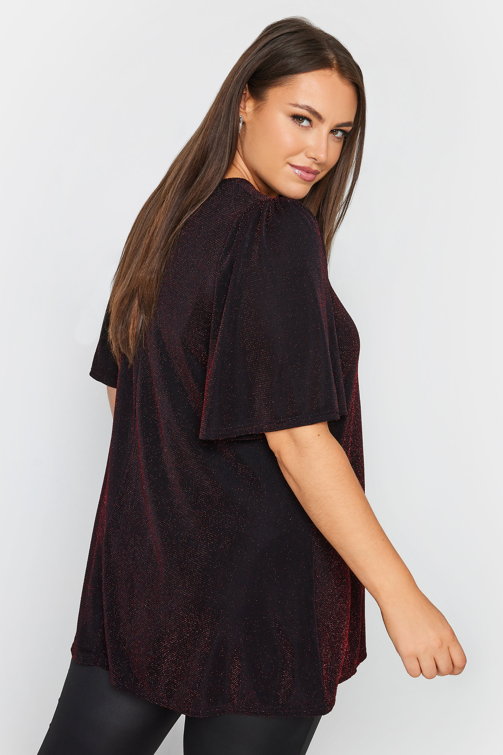 YOURS Plus Size Black & Red Glitter Pleated Swing Top | Yours Clothing