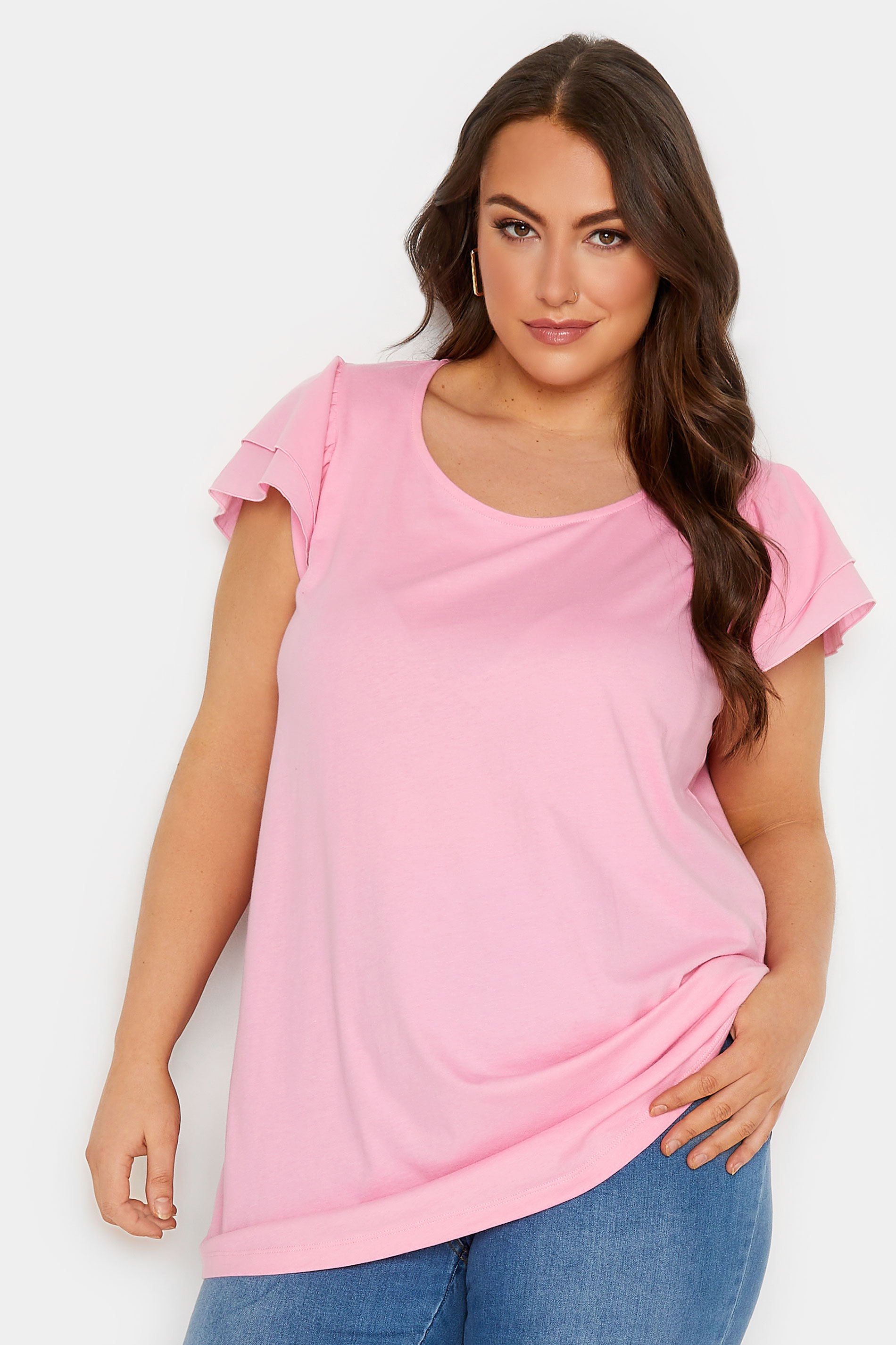 YOURS Plus Size Pink Frill Sleeve T-Shirt | Yours Clothing 1