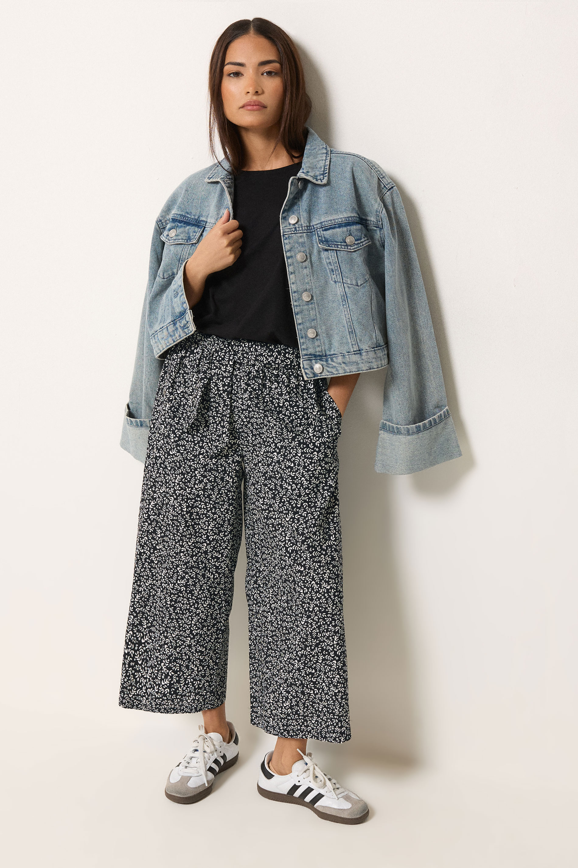 PixieGirl Petite Women's Black Leaf Print Cropped Trousers | PixieGirl 3