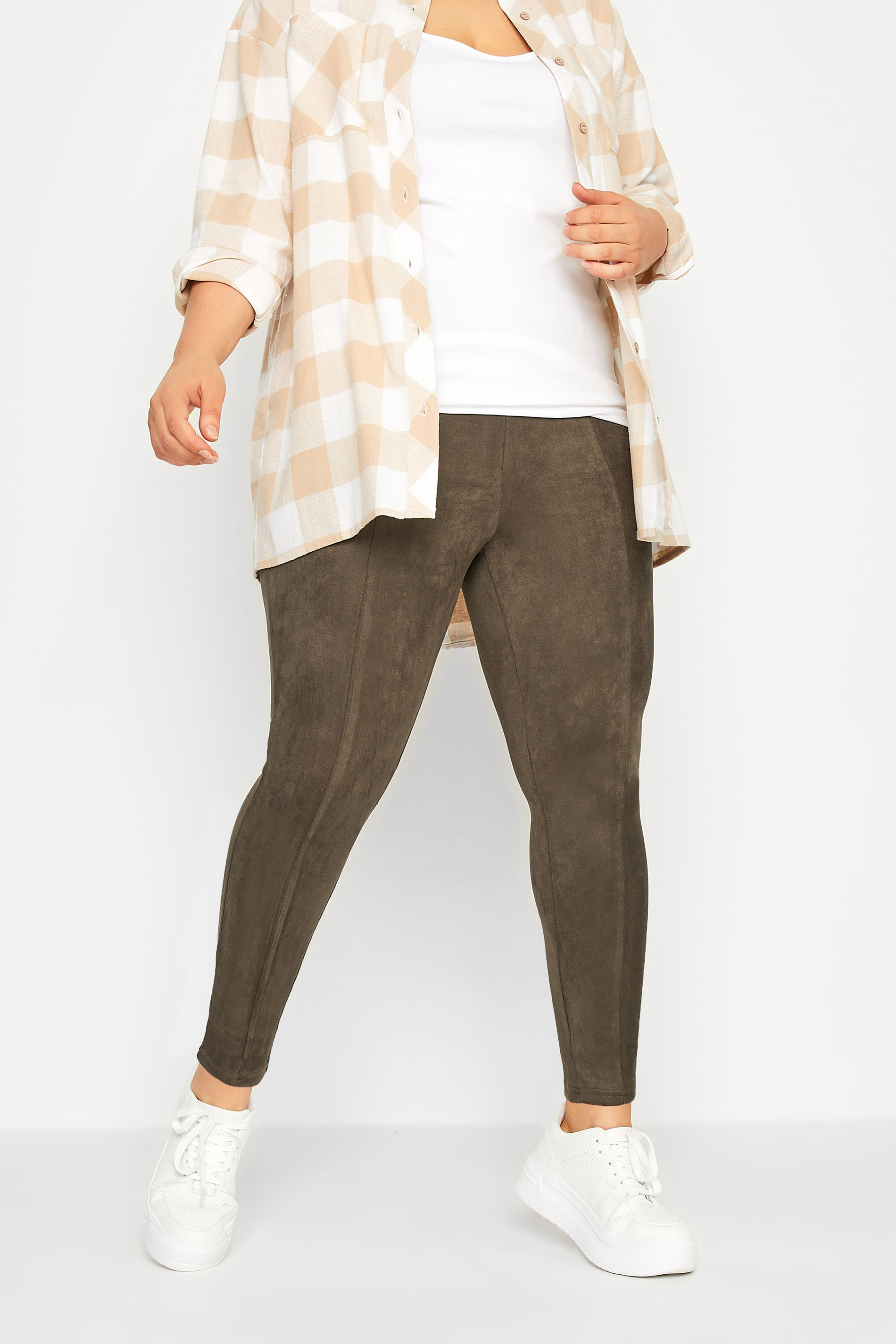 Plus Size High Waisted Brown Faux Suede Leggings | Yours Clothing 1