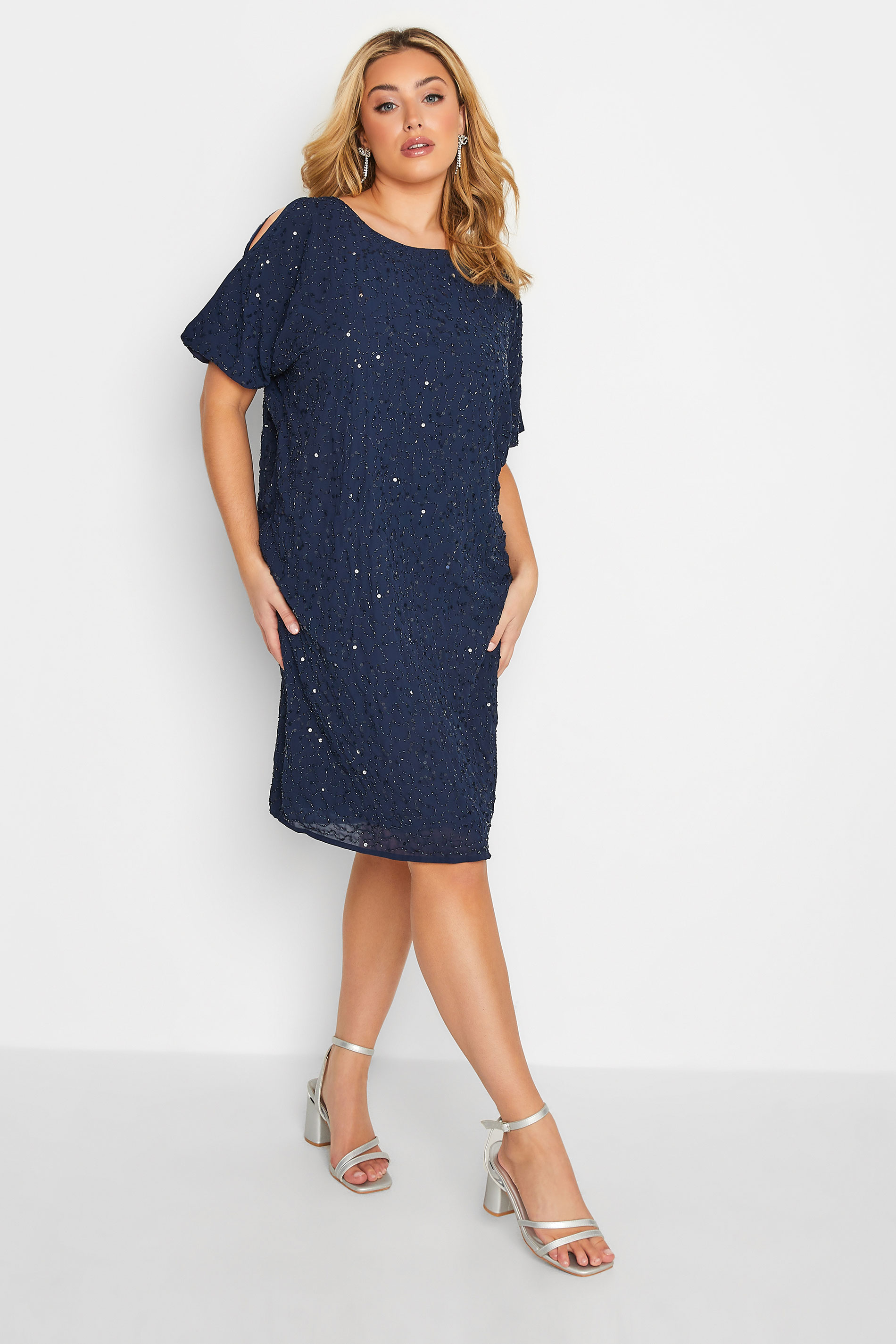 LUXE Plus Size Blue Sequin Hand Embellished Cape Dress | Yours Clothing