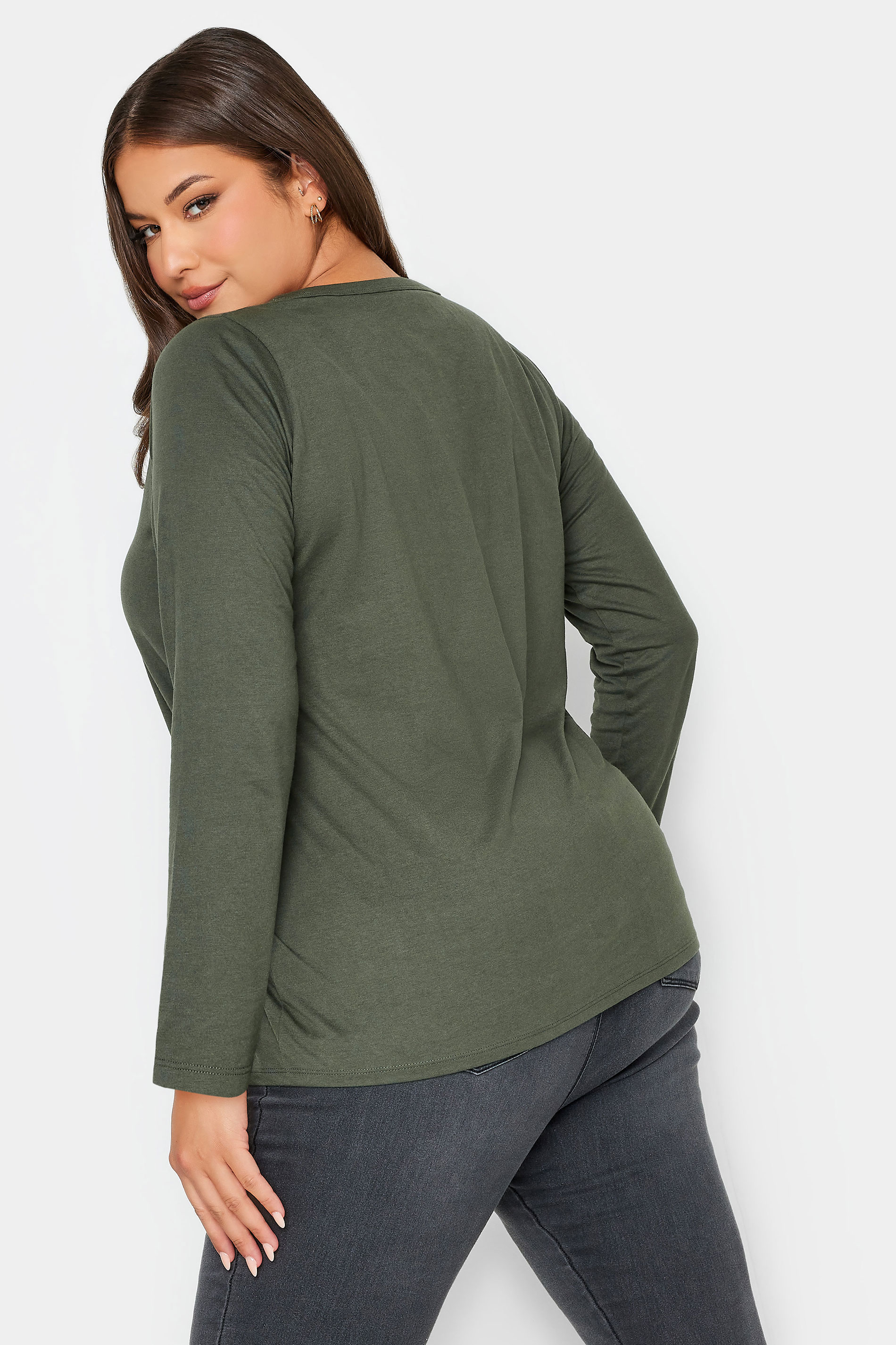 YOURS Curve Plus Size Khaki Green Long Sleeve Essential T-Shirt | Yours Clothing  3