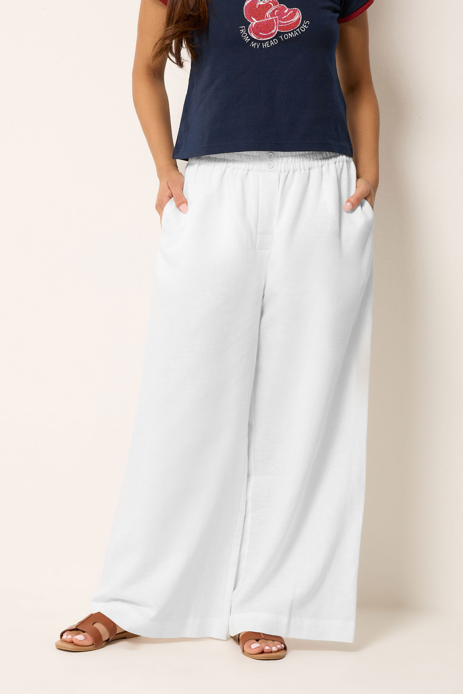 PixieGirl Petite Women's White Button Linen Wide Leg Trousers | PixieGirl 1
