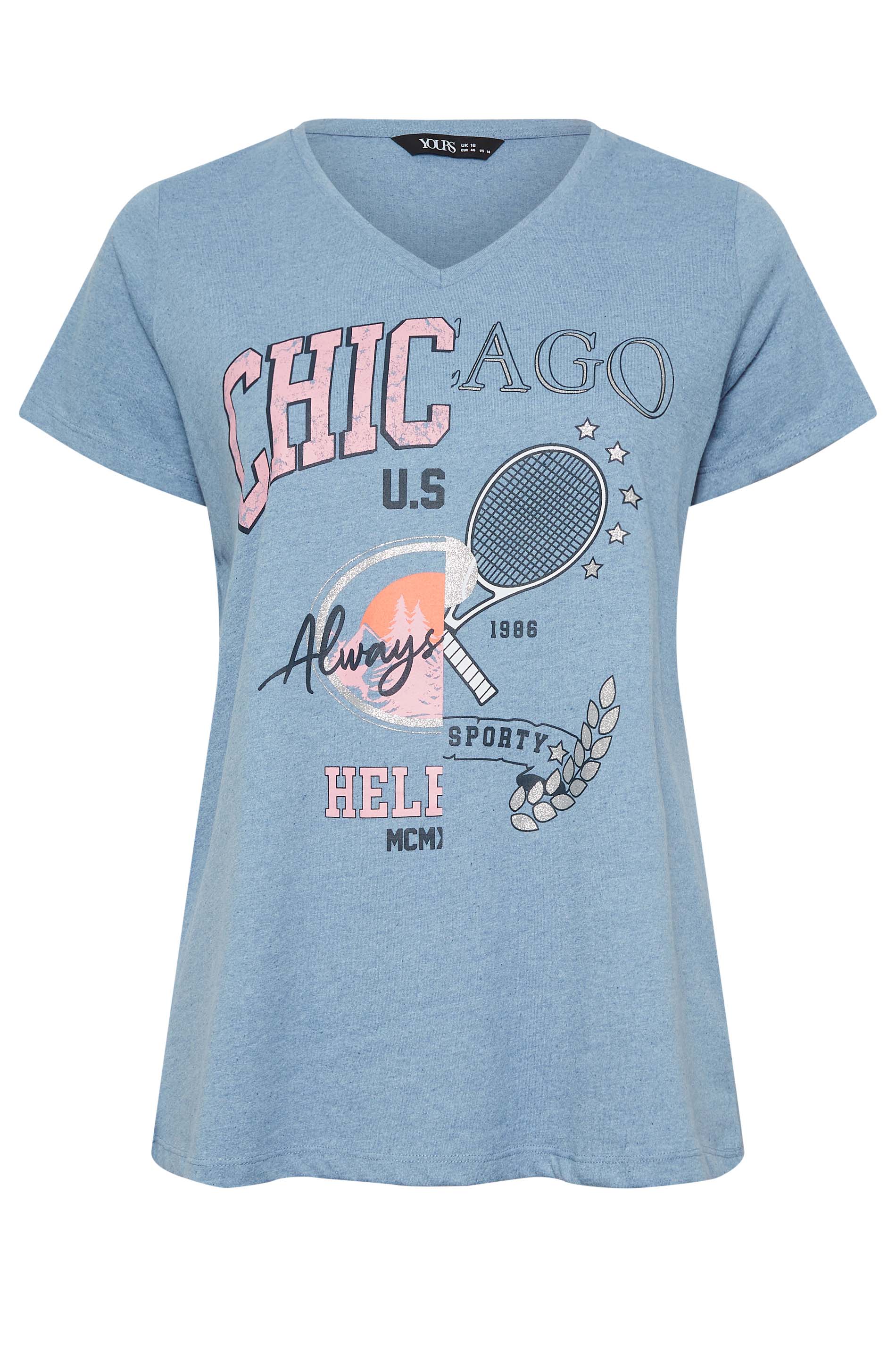 Yours Curve Blue 'Chicago' Printed Vneck Tshirt Size 14 | Women's Plus Size and Curve Fashion
