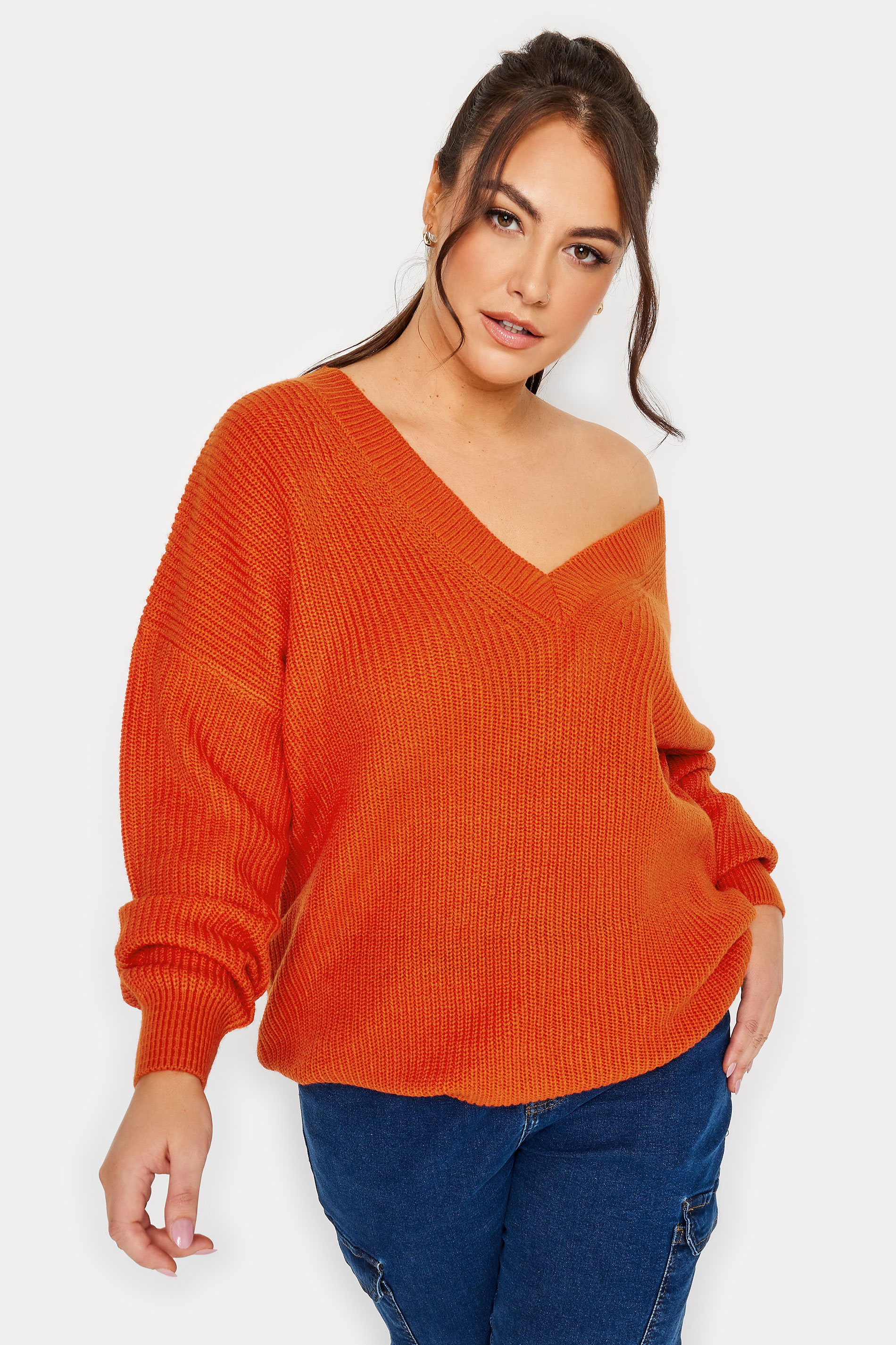 YOURS Plus Size Orange Double V-Neck Jumper | Yours Clothing 1