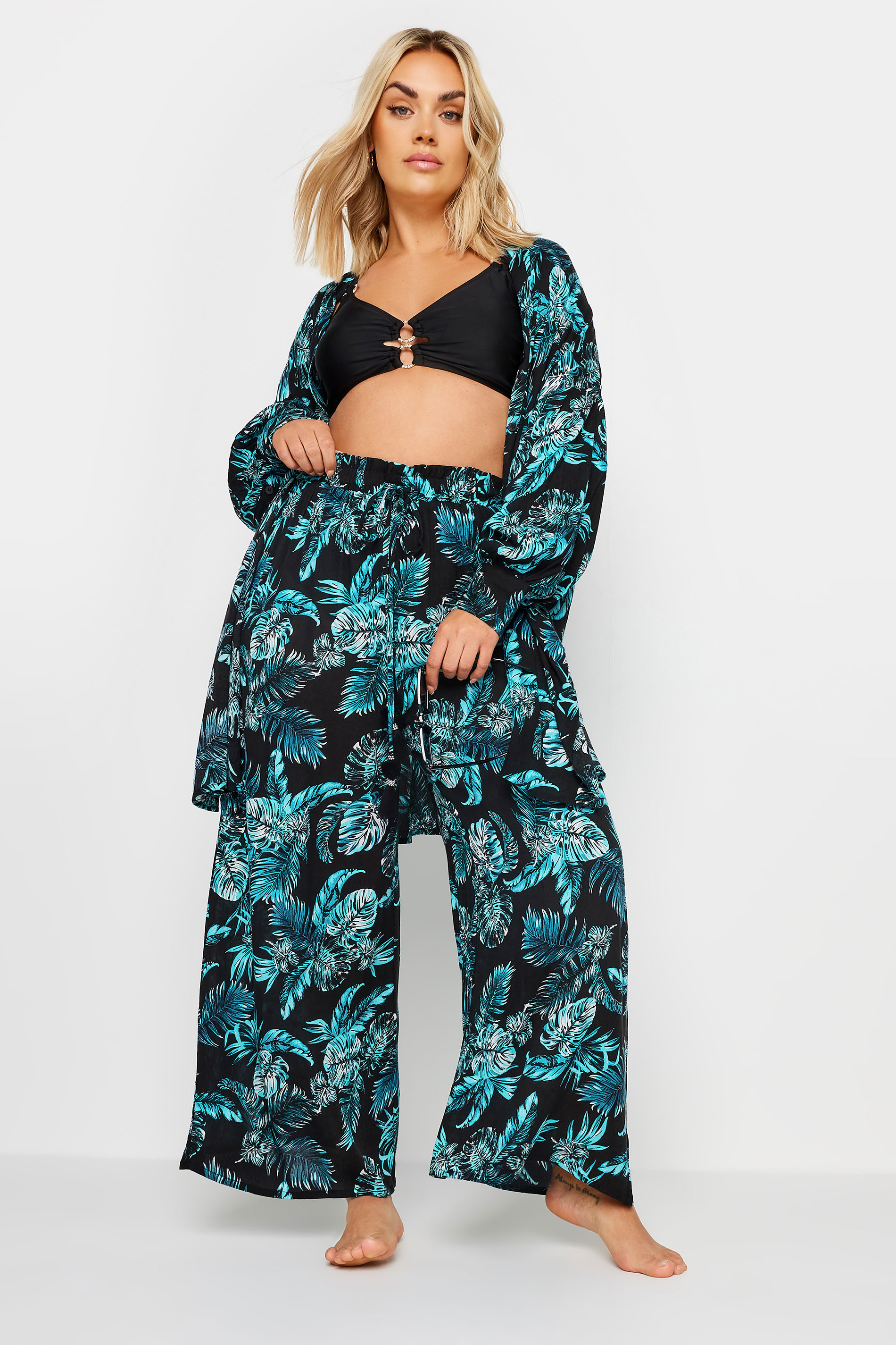 YOURS Plus Size Black Tropical Print Crinkle Tassel Trousers | Yours Clothing 2