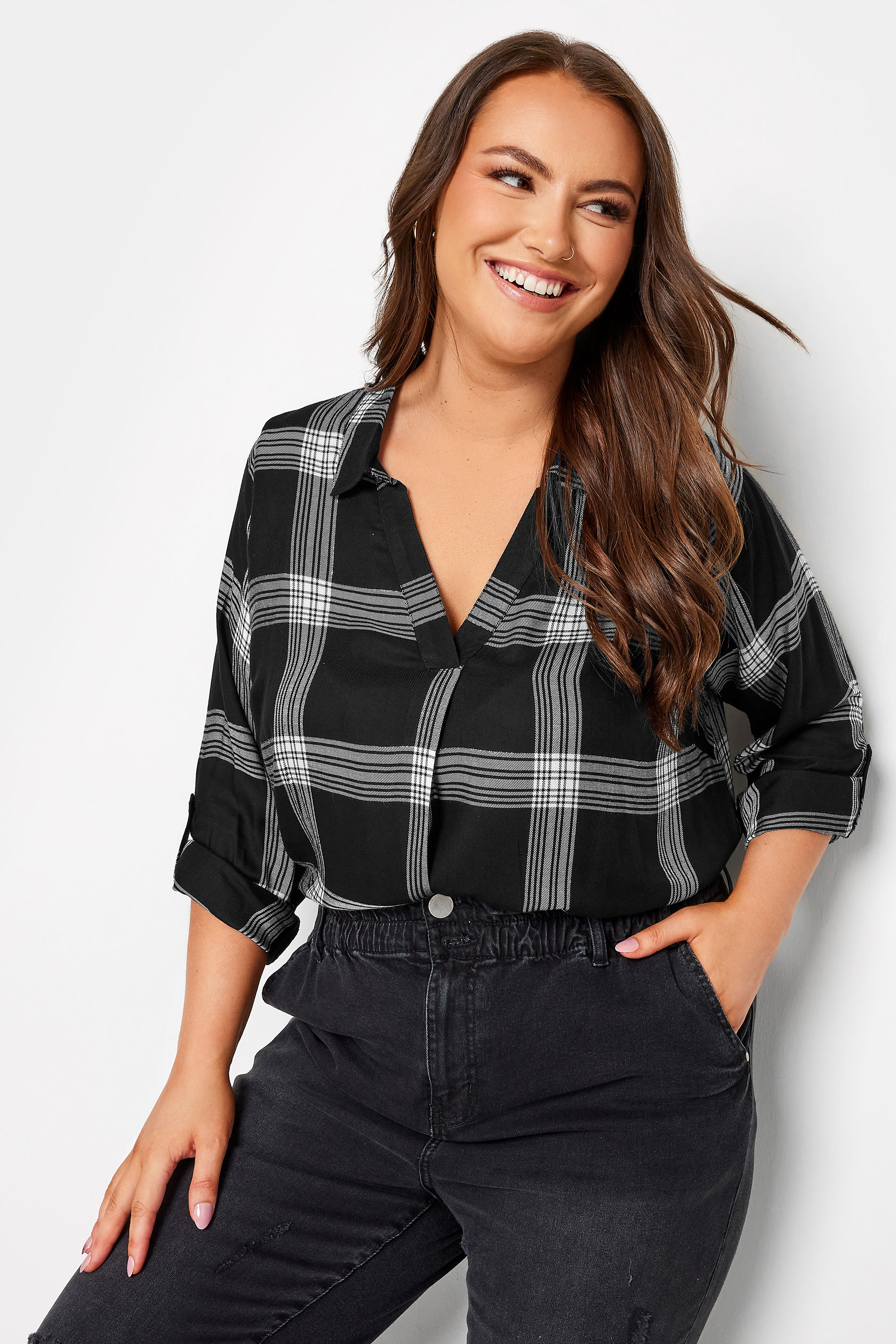 YOURS Curve Plus Size Black Check Print Shirt | Yours Clothing  2