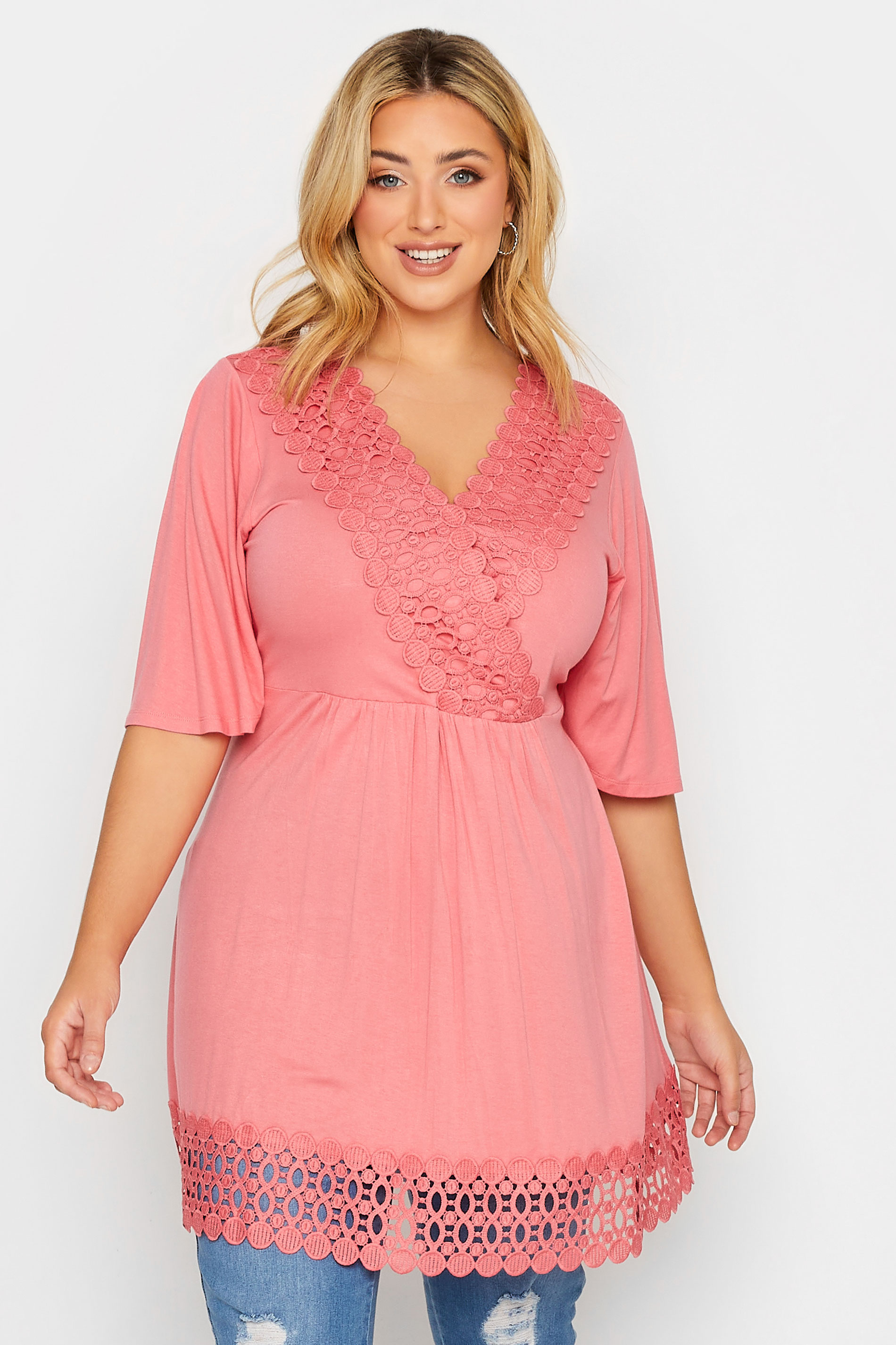 YOURS Plus Size Coral Pink Crochet Trim Peplum Tunic Top | Yours Clothing 2