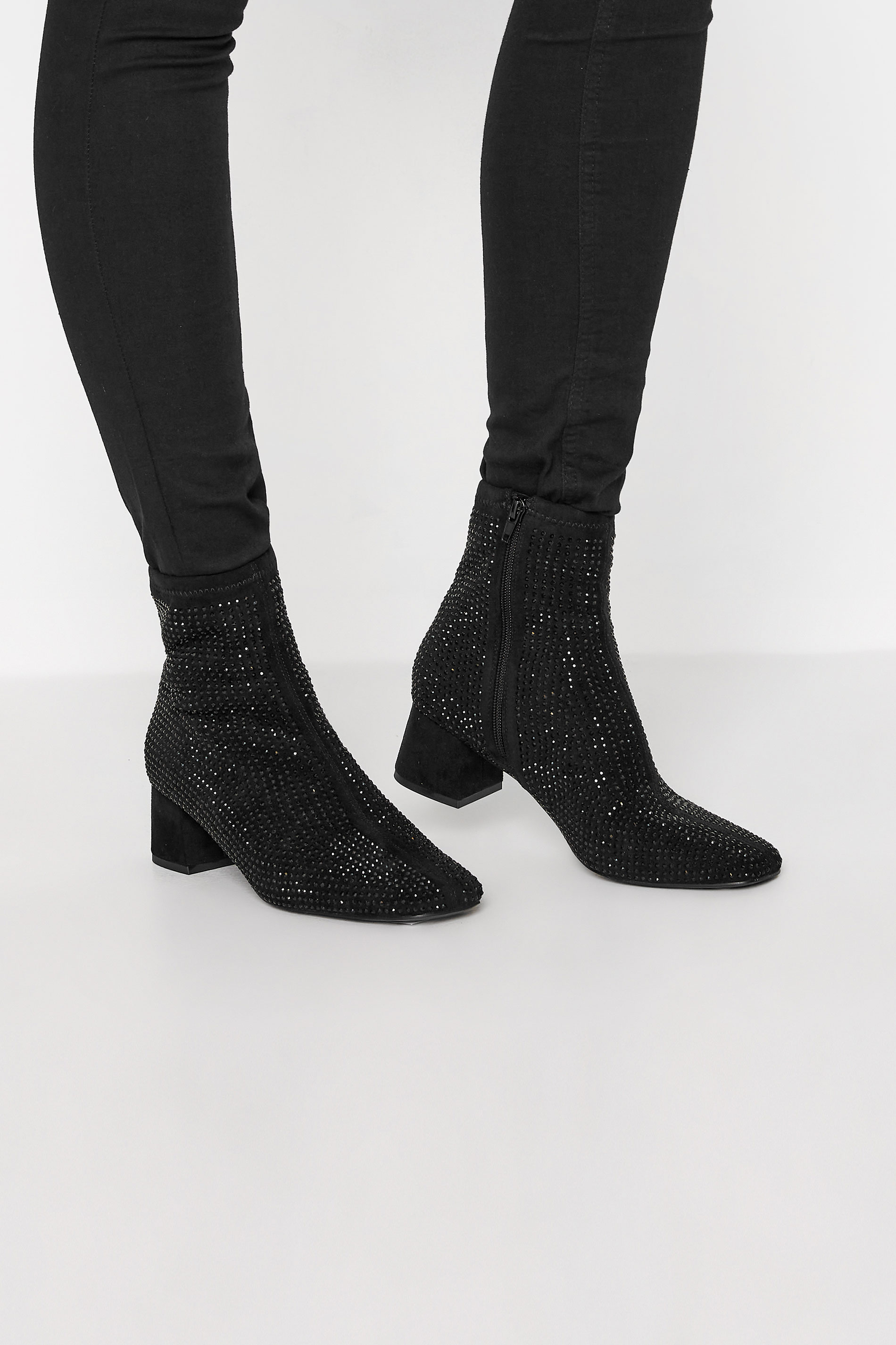 LTS Black Diamante Block Heel Boots In Standard D Fit 1
